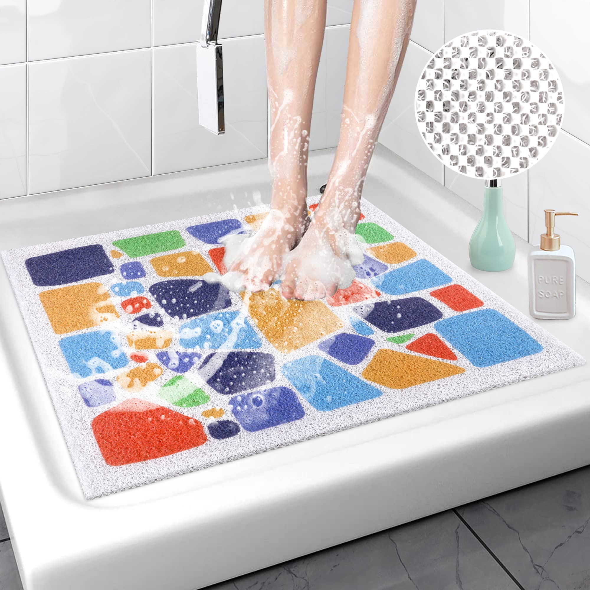 Square Shower Mat Non Slip Anti Mould, 60 x 60 cm Loofah Shower Mats for Inside Shower, Soft PVC Square Bath Mat with Drain for Elderly, Washable