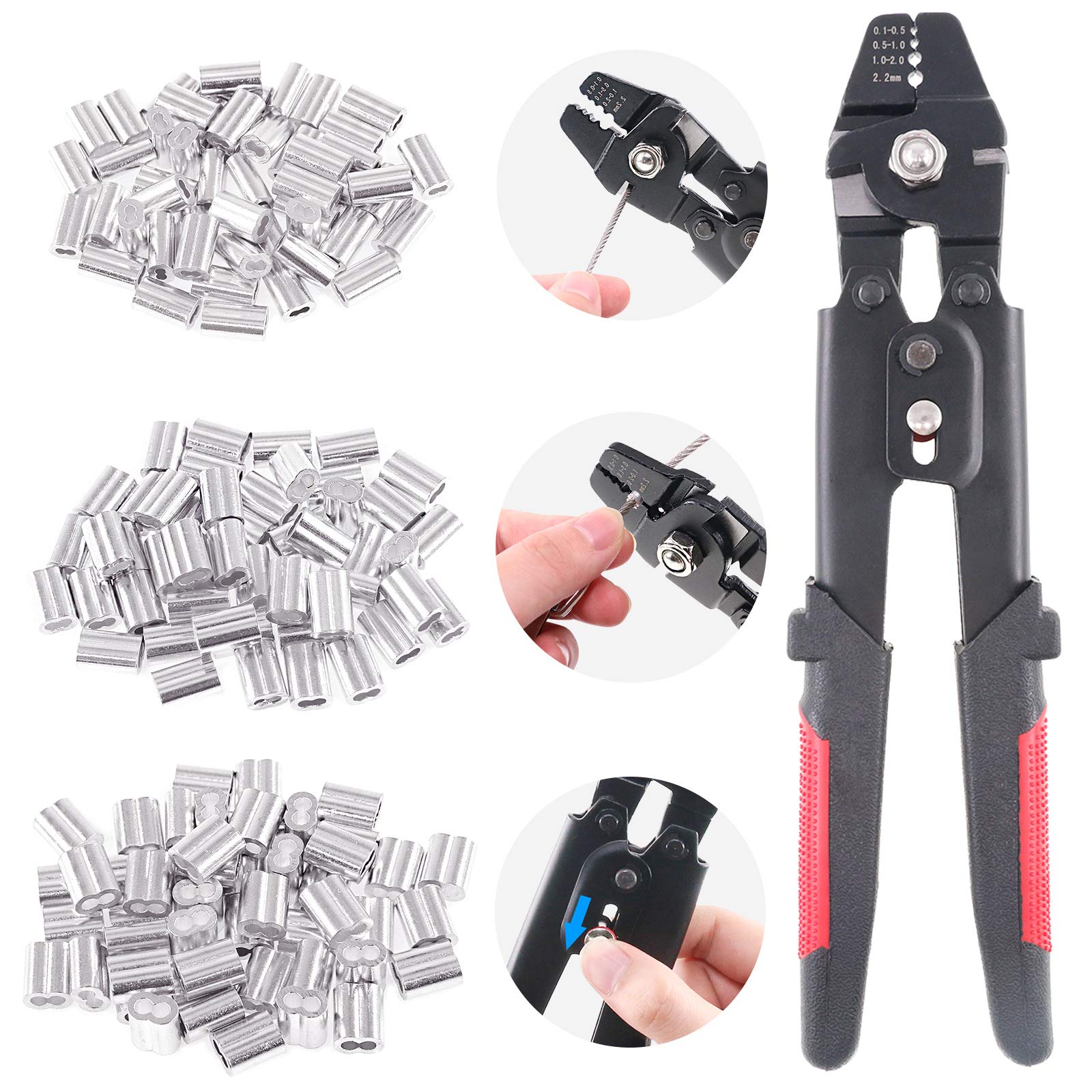 Glarks Up to 2.2mm Wire Rope Crimping Tool Wire Rope Swager Crimper Fishing Crimping Tool with 180Pcs 1.2/1.5/2mm Aluminum Double Barrel Ferrule