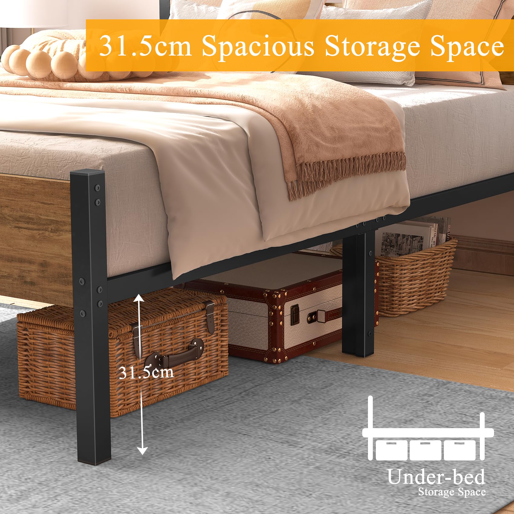 Yornoli Single Bed Frames with Wood Headboard 31.5cm Metal Platform Bed Frame with Storage Sturdy Non-Slip Without Noise No Box Spring Needed Black &