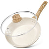 MICHELANGELO Frying Pan with Lid 26cm, Non-Toxic Stone-Derived with Bakelite Handle, Granite Pan for Induction, Cream White