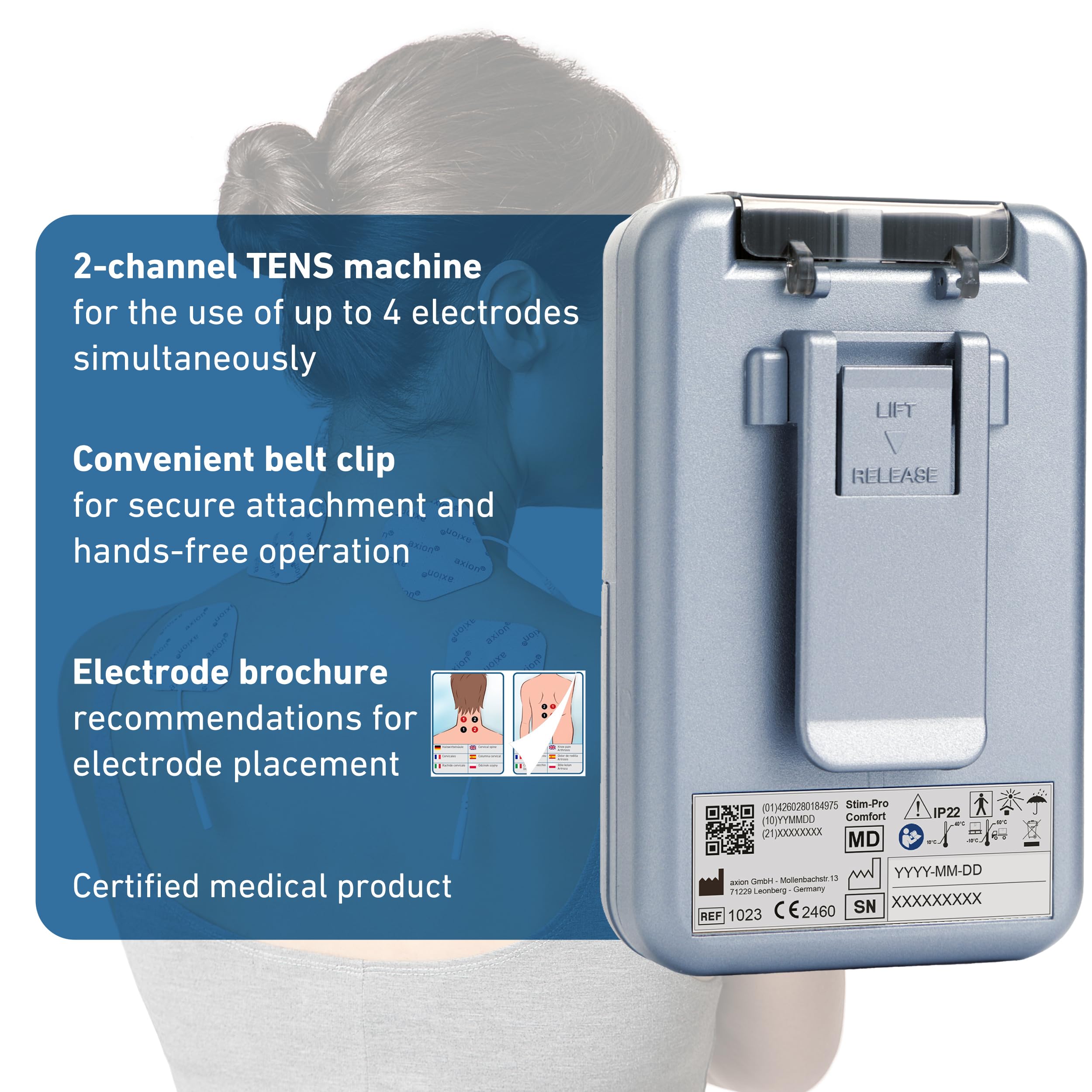 axion TENS Machine for Pain Relief STIM-PRO Comfort - with 4 pcs of 5x5cm Electrode Pads | Dual Channel TENS unit for muscle and nerve stimulator