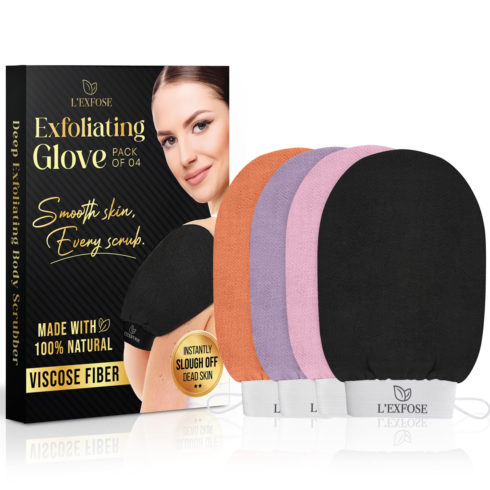 L'Exfose Moroccan Kessa Exfoliating Glove 4pc - Korean Exfoliating Mitt for Body Ideal for Dead Skin Remover, Keratosis Pilaris & Self-Tanning to