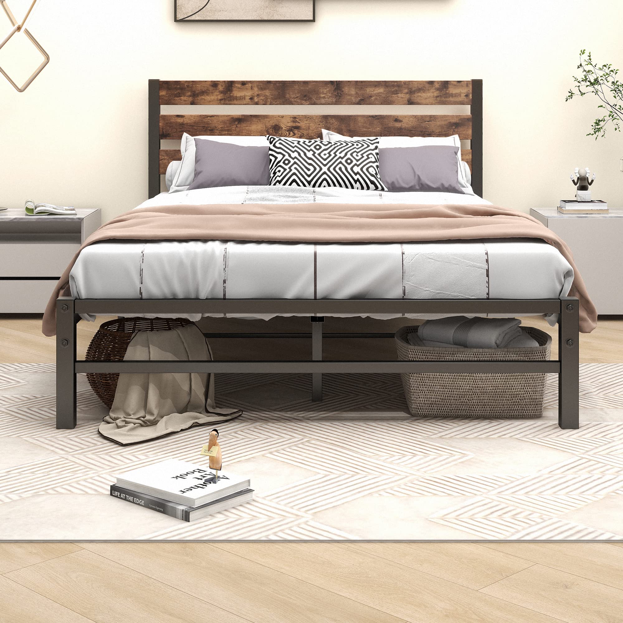 HOMERECOMMEND Double Bed Frame with Rustic Wood Headboard and Footboard Heavy Duty Metal Platform Bed Frame Solid and Stable,Strong Metal Slats