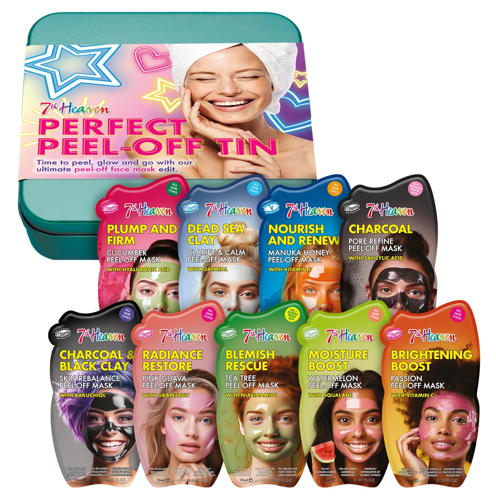 7th Heaven Perfect Peel Off Face Mask Gift Set in Tin (Contains 9 Peel Off Face Masks) Pamper Gifts for Women & Girls - Genuine 7th Heaven Skincare