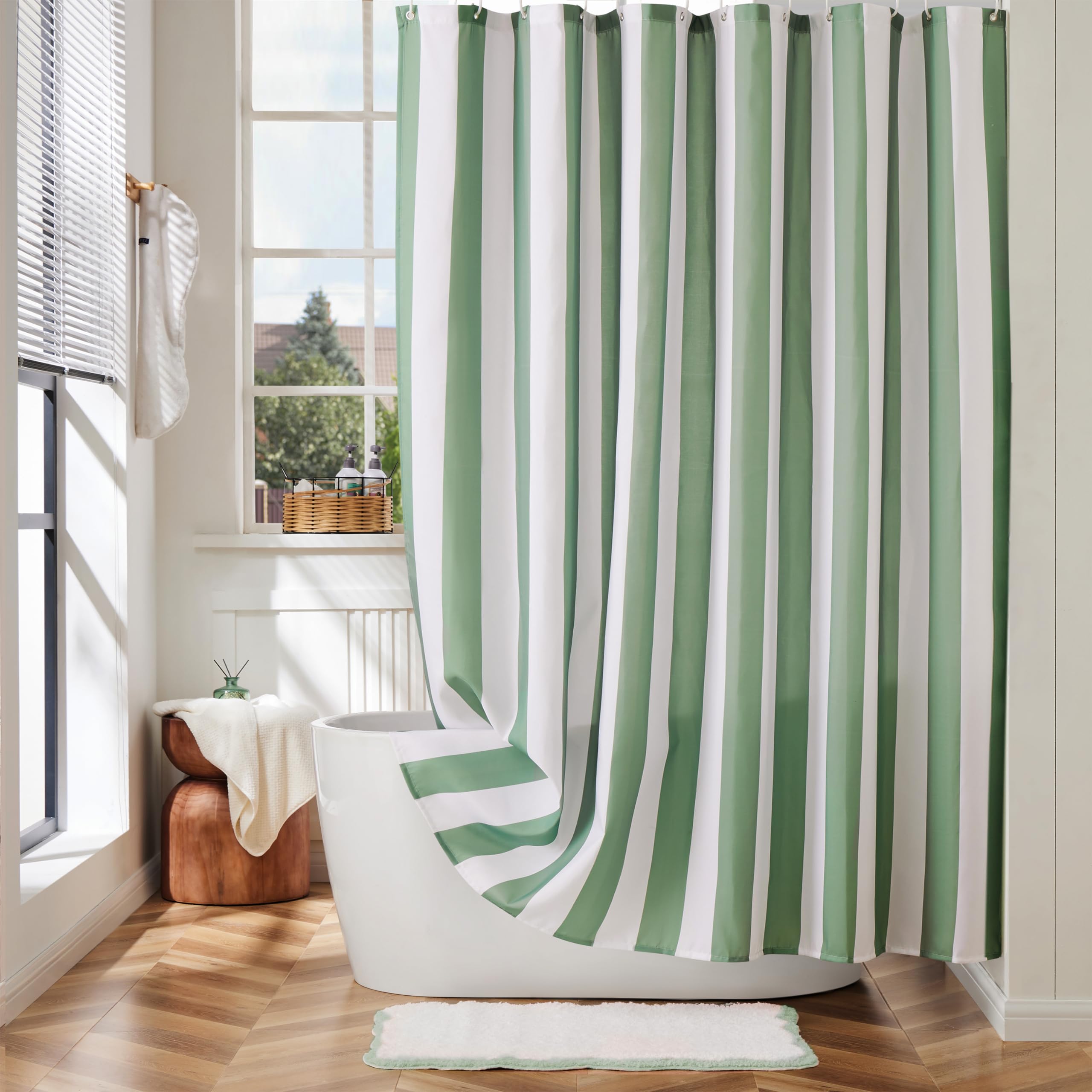 Ohocut Green Vertical Striped Shower Curtain, Cute Retro Vintage Stripe Bathroom Shower Curtain, Waterproof Polyester Fabric Modern Bath Curtain for