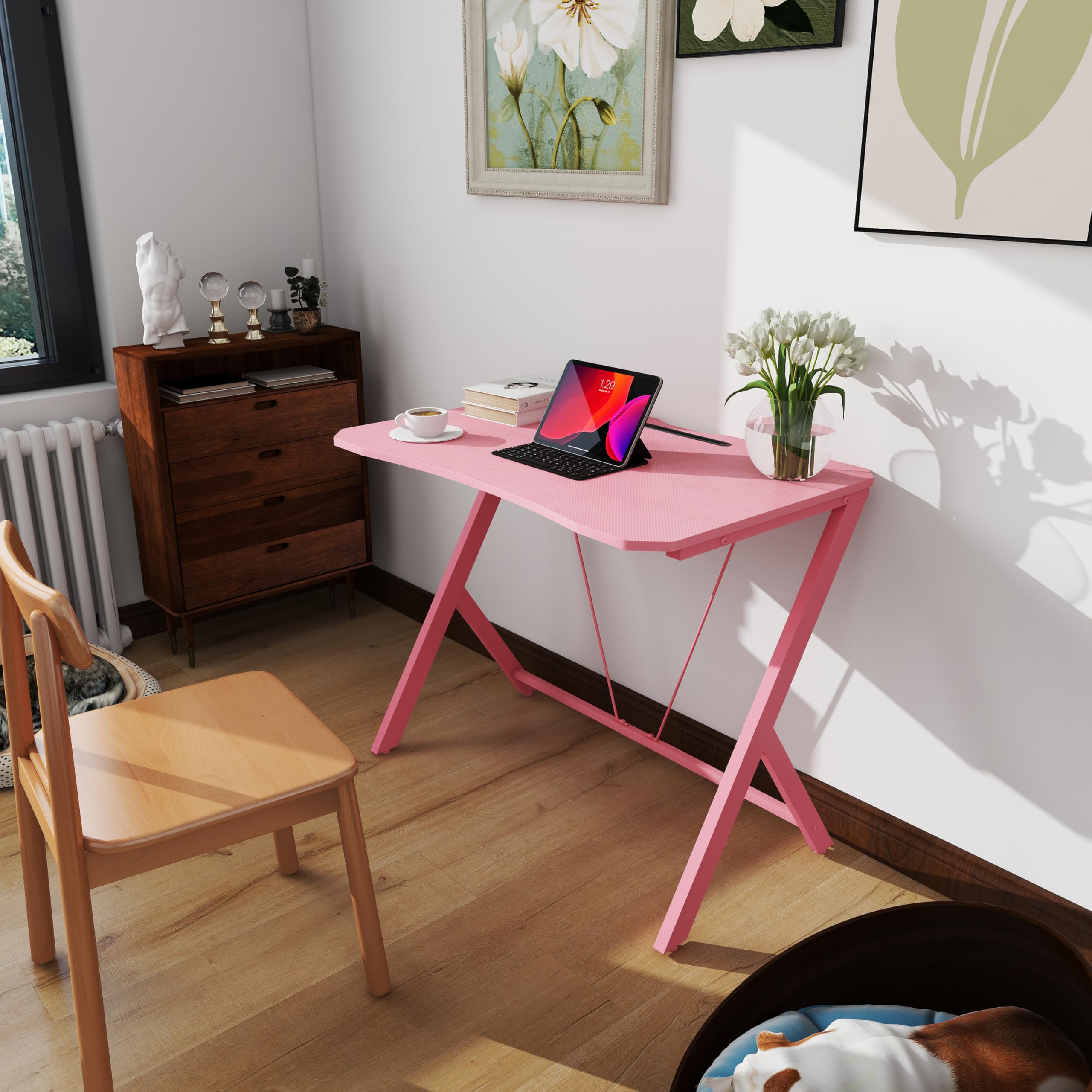 DEILALY Gaming Desk, 90cm Gaming PC desk, Long Standing Desk, Table for Gaming Home Office, Carbon fiber material desktop, Pink