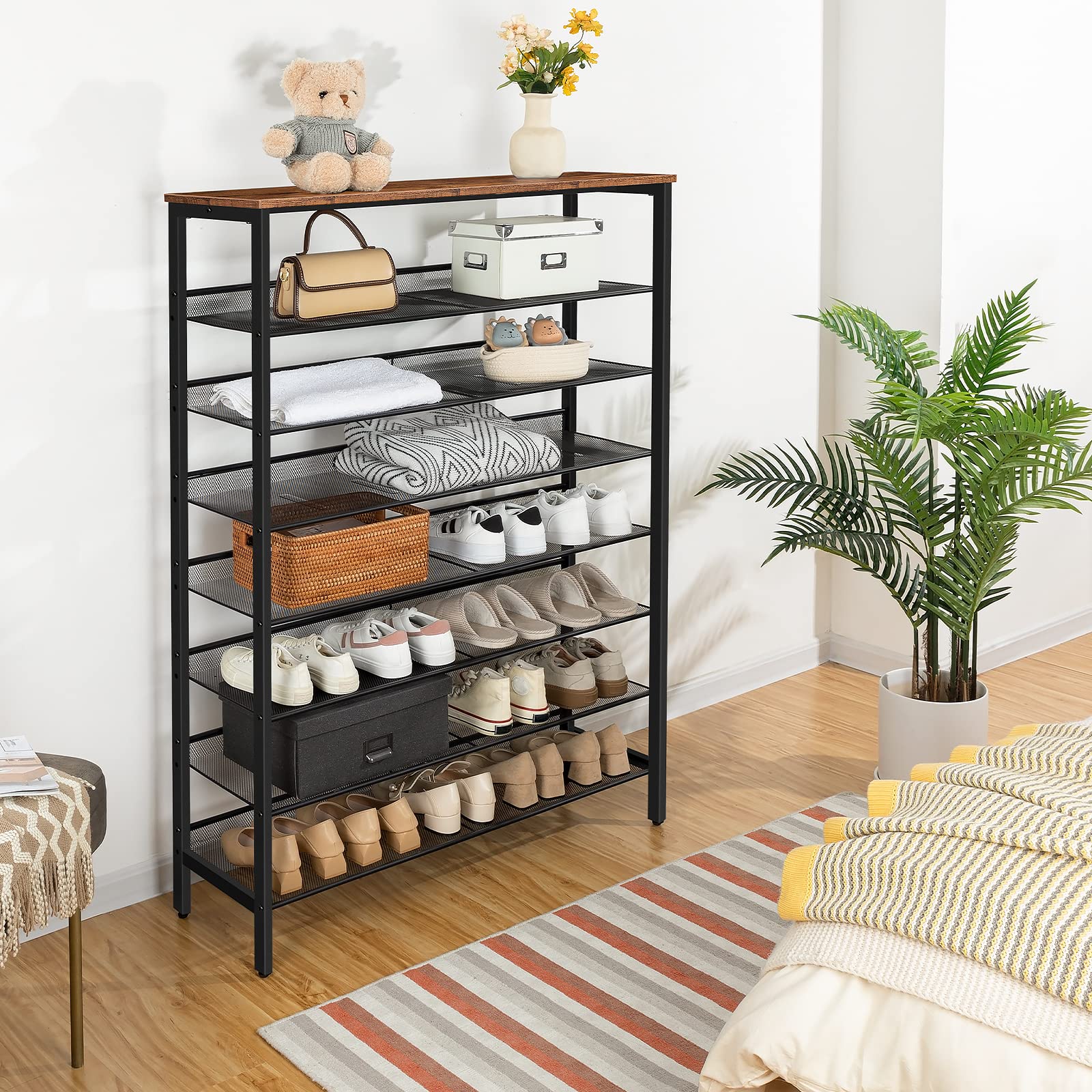 HOOBRO Tall Shoe Rack, Large Capacity Shoe Storage, Tall Shoe Shelf for 28-35 Pairs of Shoes, 100cm, Shoe Organizers Storage Unit with Flat or Slant