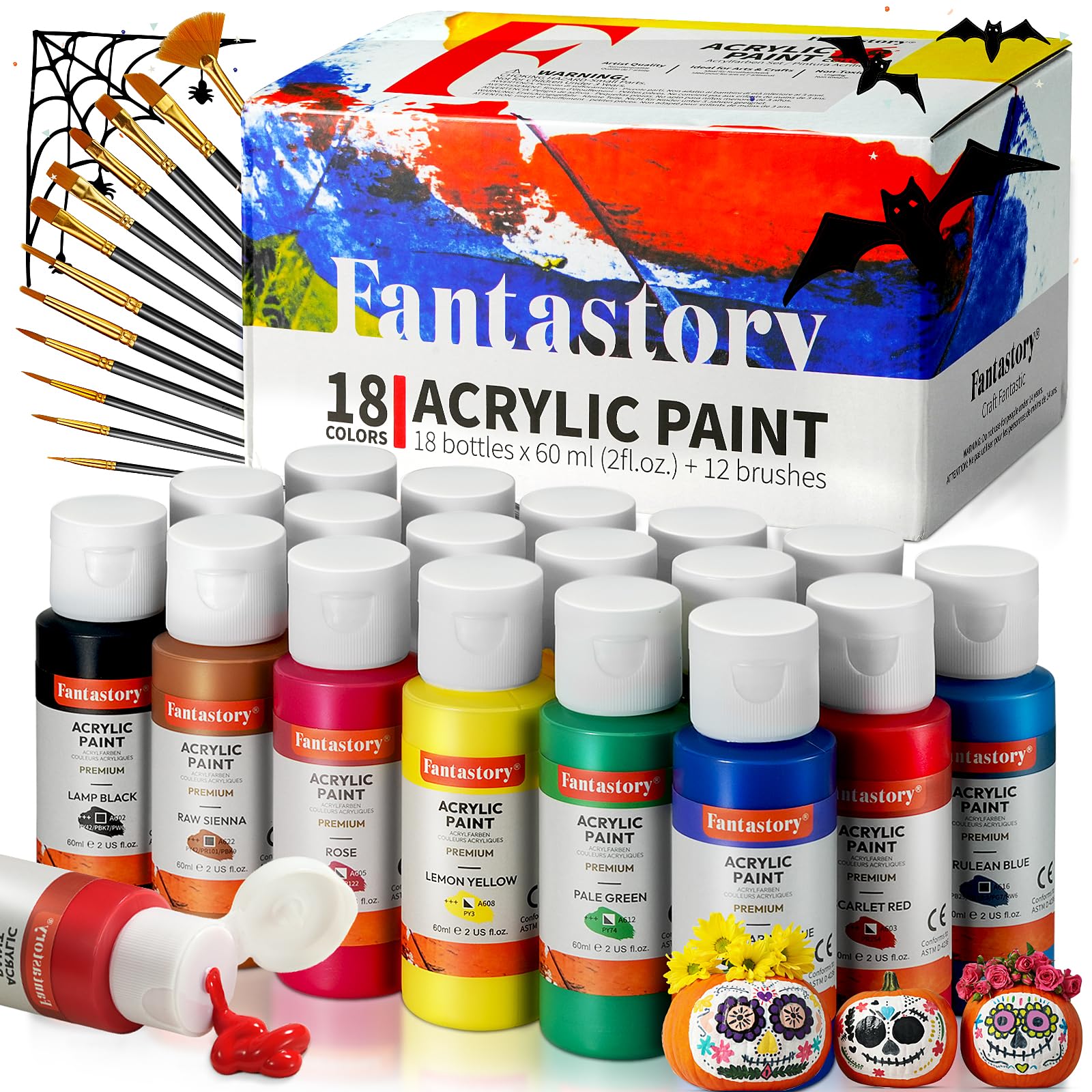 fantastory Acrylic Paint Set, 18 x 60 ml with 12 Brushes; Halloween Acrylic Paint, Waterproof; For Artwork & DIY Projects on Canvas, Wood, Glass,