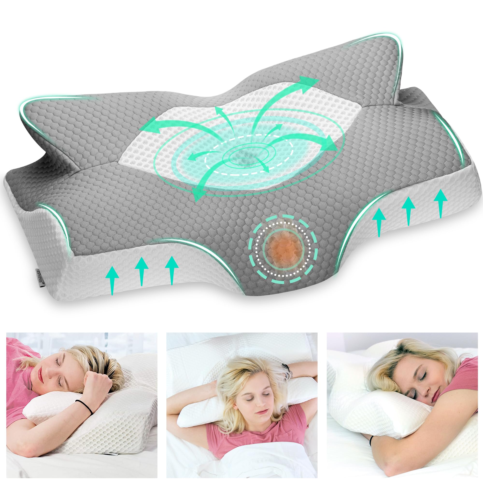 Elviros Cervical Memory Foam Pillow for Neck Pain Orthopedic Neck Pillow for Shoulder Pain Ergonomic Head Neck Support Pillow for Side/Back/Stomach