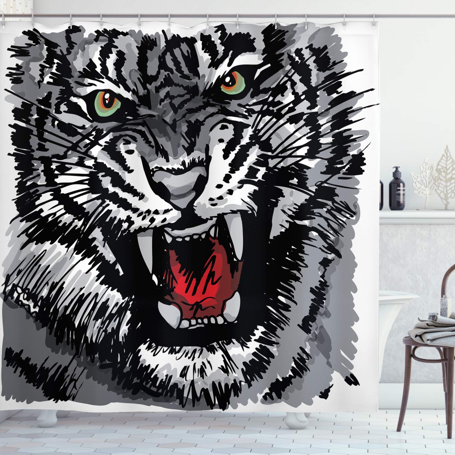 ABAKUHAUS Safari Shower Curtain, Illustration of Charismatic Tiger Territorial Predator Power with Patterns, Cloth Fabric Bathroom Decor Set with