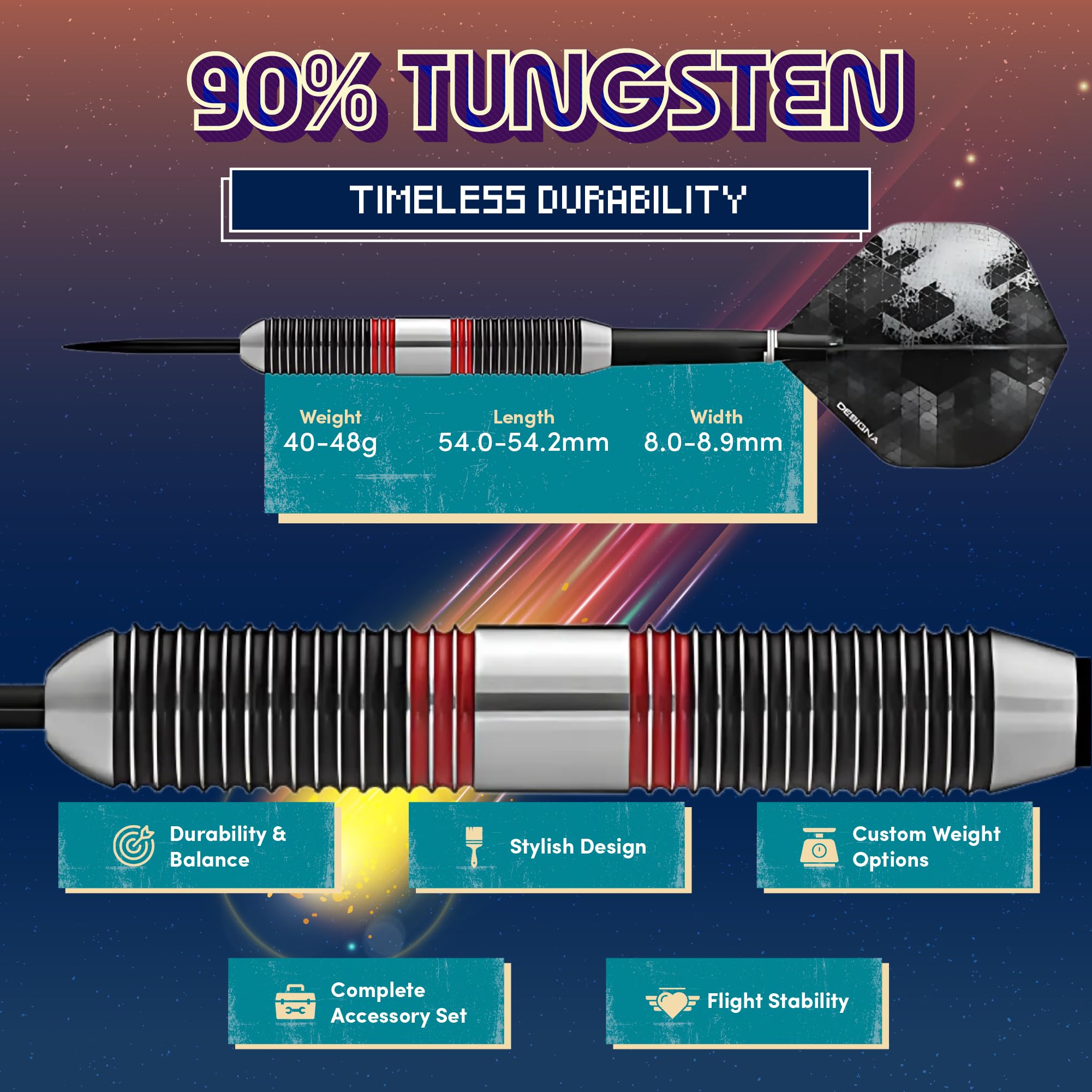 Designa D8650 Meteors | 44g Premium 90% Tungsten Heavy Barrel Steel Tip Dart Set With Ringed Grip Including Flights and Stems, M3, Black and Red