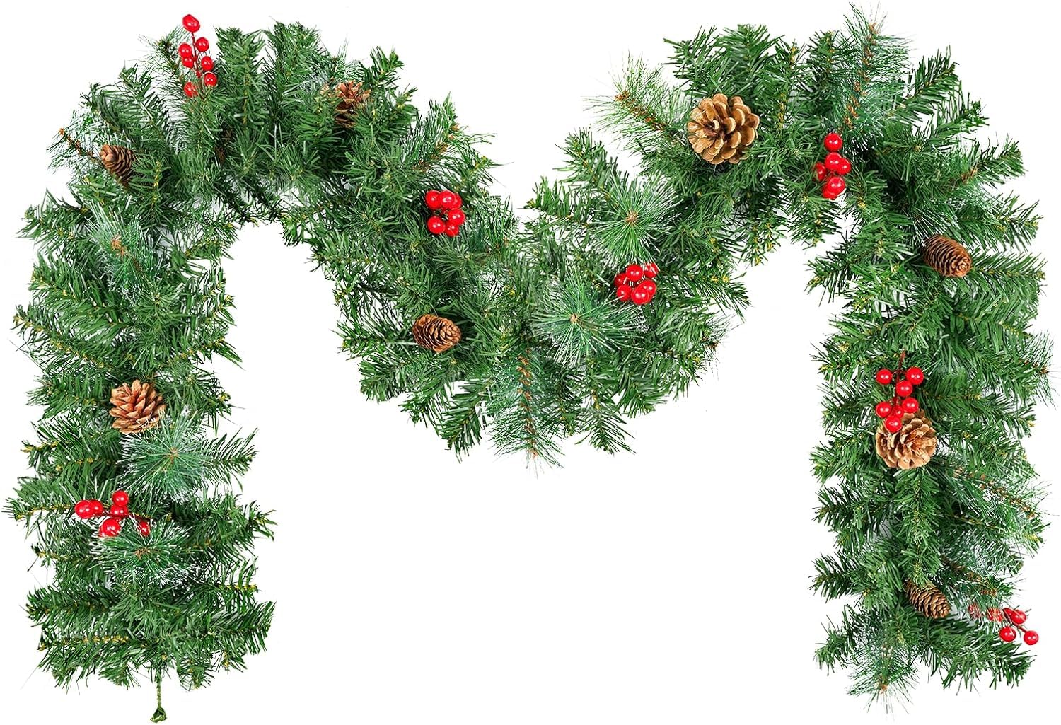 9FT/2.7m Christmas Garland, Uten Fireplace Garland Christmas, Green Christmas Garland with Pine Needles, Pine Cones Red Berries Artificial Wreath