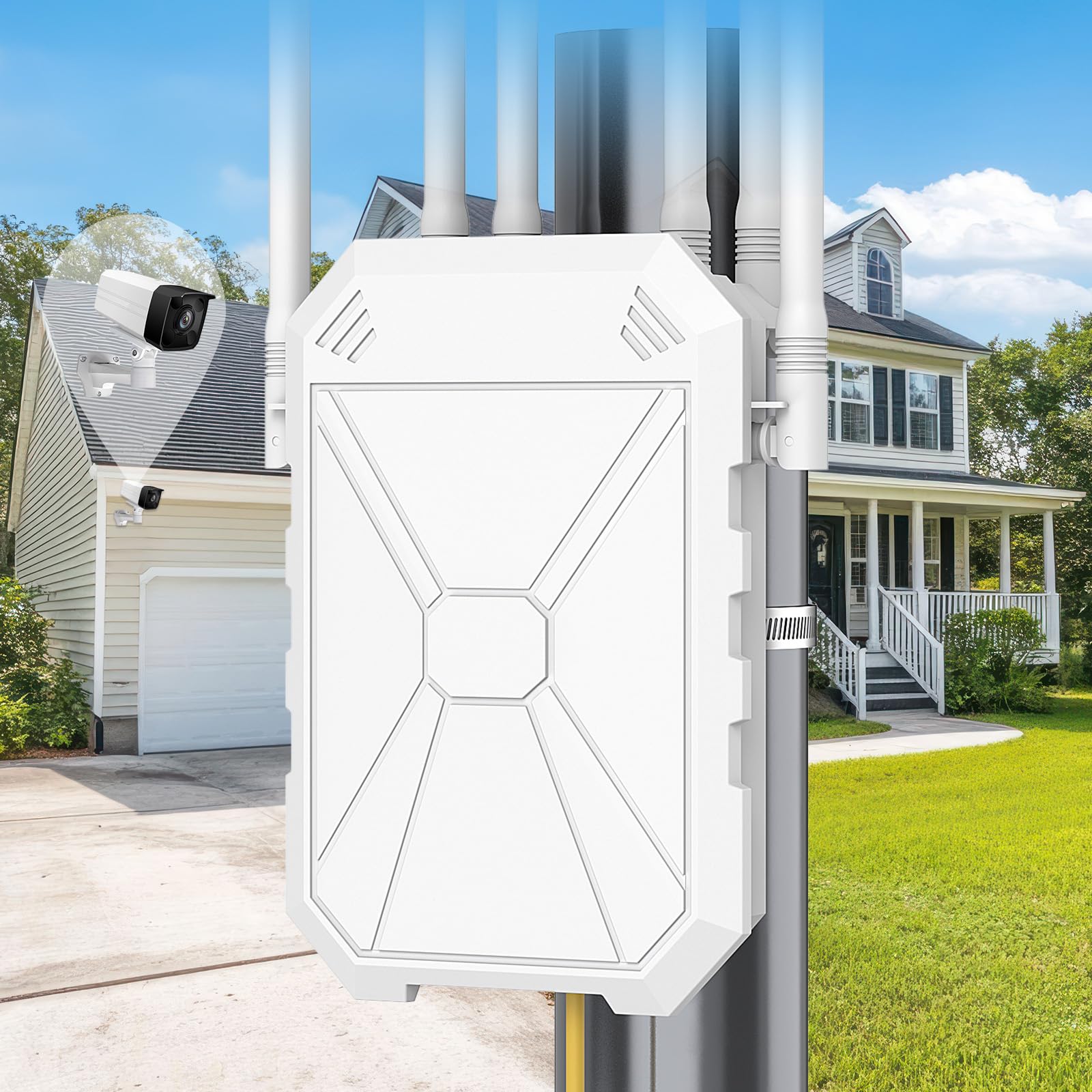 N300 Outdoor WiFi Extender, 300Mbps 2.4GHz Outdoor WiFi Wireless Access Point with 6 Antennas, Passive PoE, IP67 Weatherproof, Ethernet Port, for