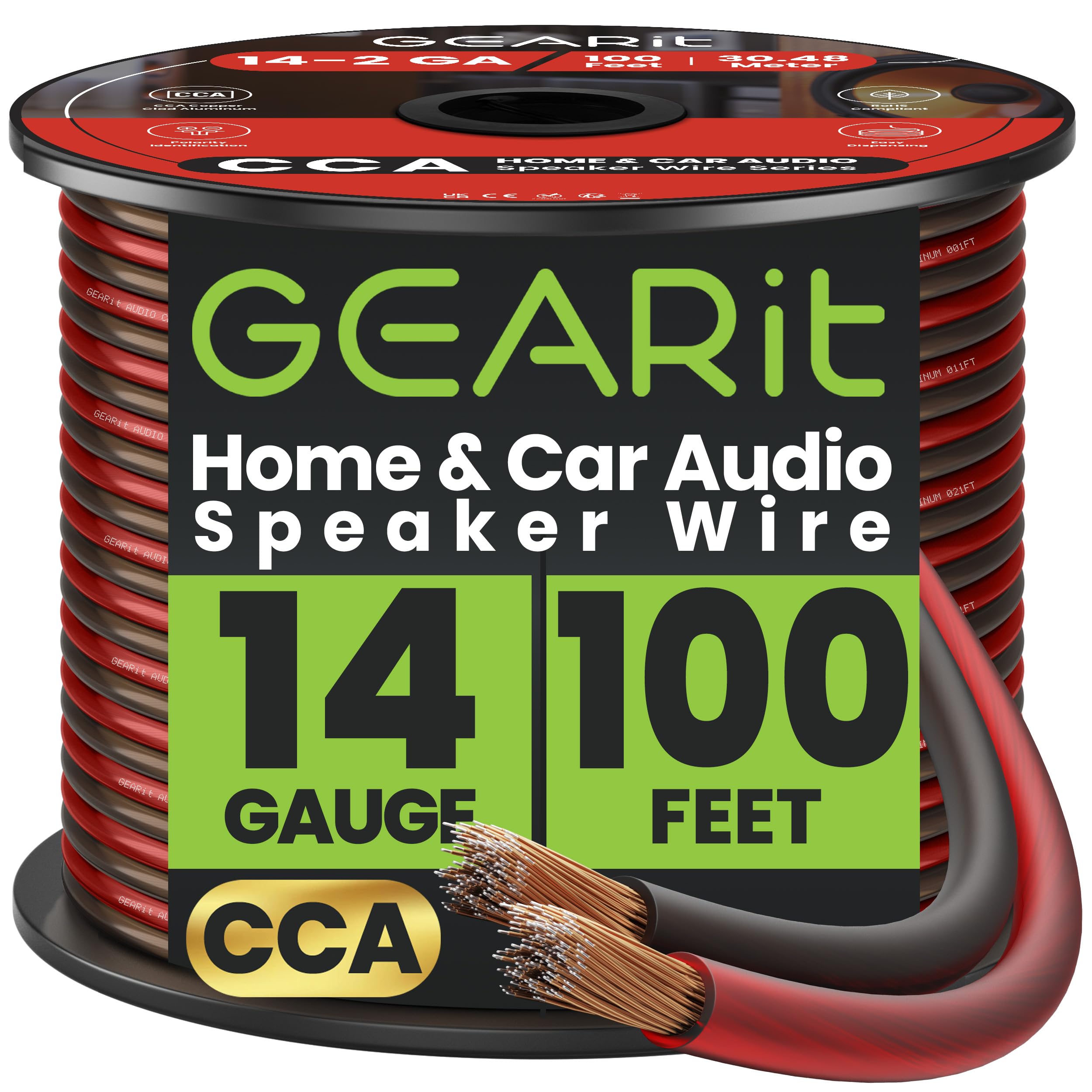 GearIT Speaker Wire Audio Cable CCA 2x2.5mm? (30.48 Meters - Black) Copper Clad Aluminum - Great for Hi-Fi Home Theater and Car Speakers - 14 Gauge