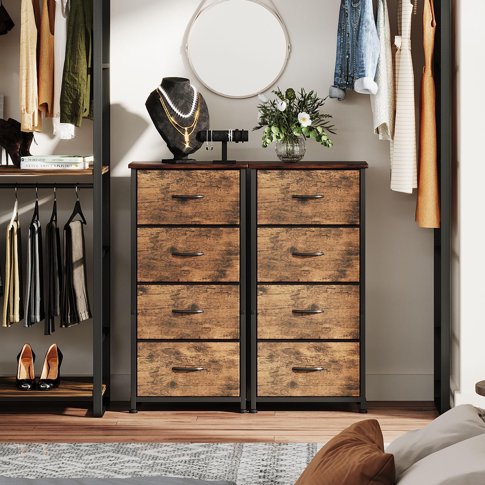 CAIYUN Chest of Drawers Bedroom, 4 Drawers Tall Dresser, Dresser for Bedroom Entryway Hallway Wardrobe, Closet Storage Drawer, Rustic Brown