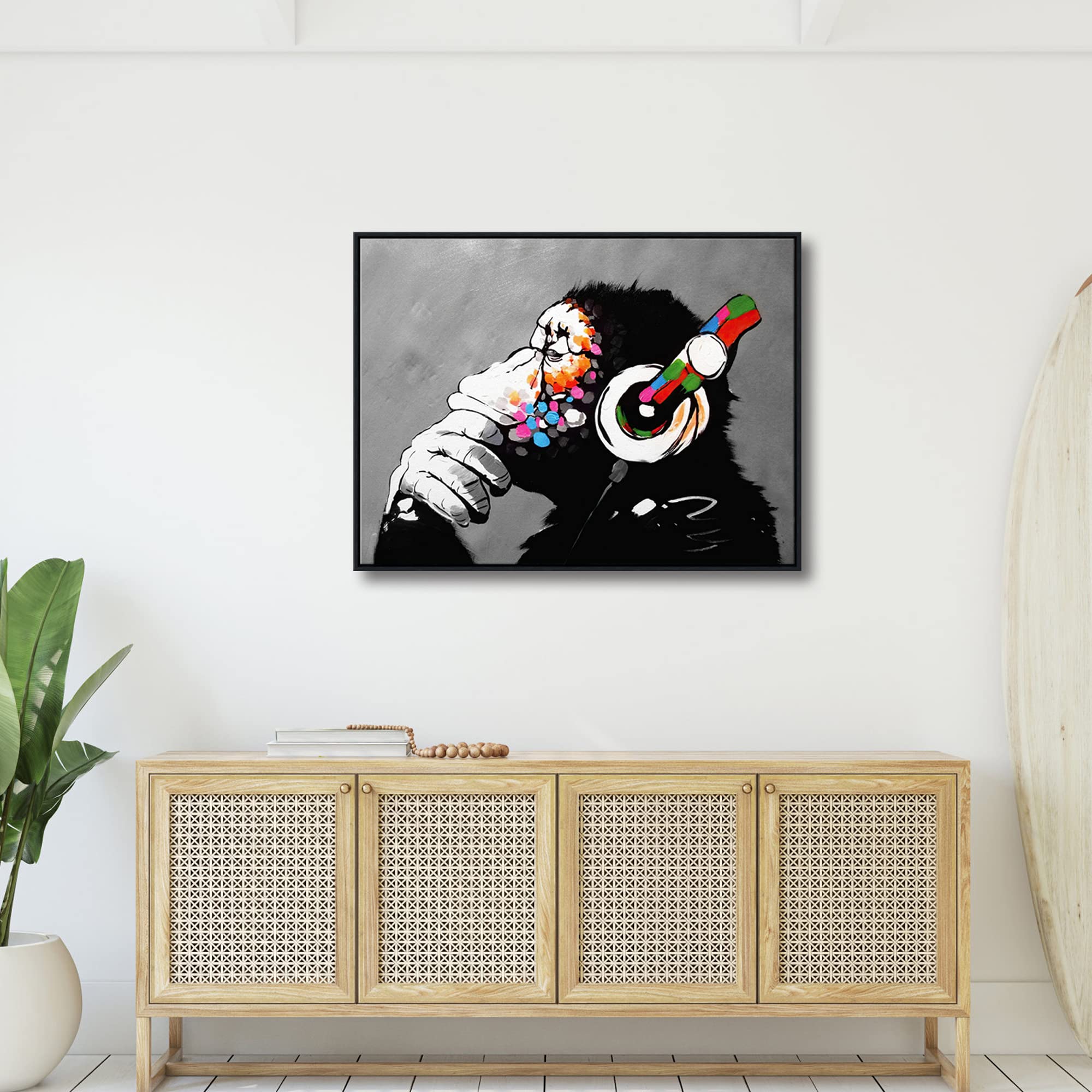 Wieco Art Large Black Framed Monkey With Headphones Banksy Graffiti Art Abstract Canvas Painting for Home Decor Canvas Wall Art for Living Room