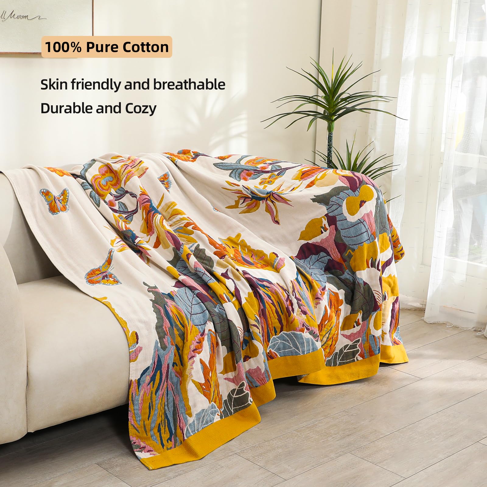 VANJOROY Double-sided Sofa Large Bed Throw Blanket, 100% Pure Cotton Soft Warm Bohemian Sofa Throw for 2 3 Seater,Armchair,Couch and