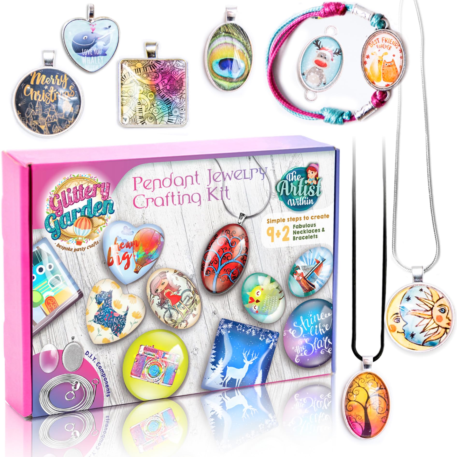 Glittery Garden Girls Jewelry Making Kit. Best Necklace Pendant & Bracelet Crafting Set with Glass Beads & Charms. Fashion Accessories, Arts Crafts