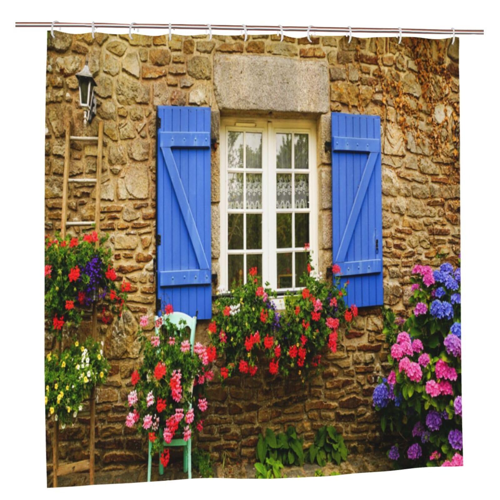 YUAOEUR 3D Garden Shower Curtain 71X71 Inch Blue Wooden Window Stone Wall and Flowers Plants Scenery Bathroom Decoration Curtains with Hook