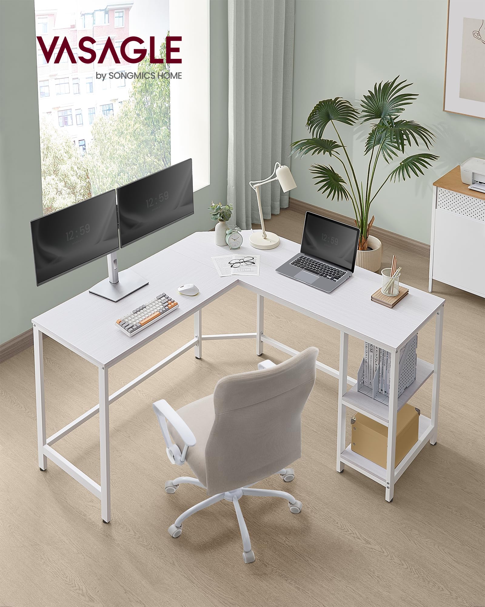 VASAGLE Computer Desk, L-Shaped Corner Desk, 138 x 138 x 76 cm, Gaming Desk, Workstation with 2 Storage Shelves for Home Office, Space-Saving, Easy to