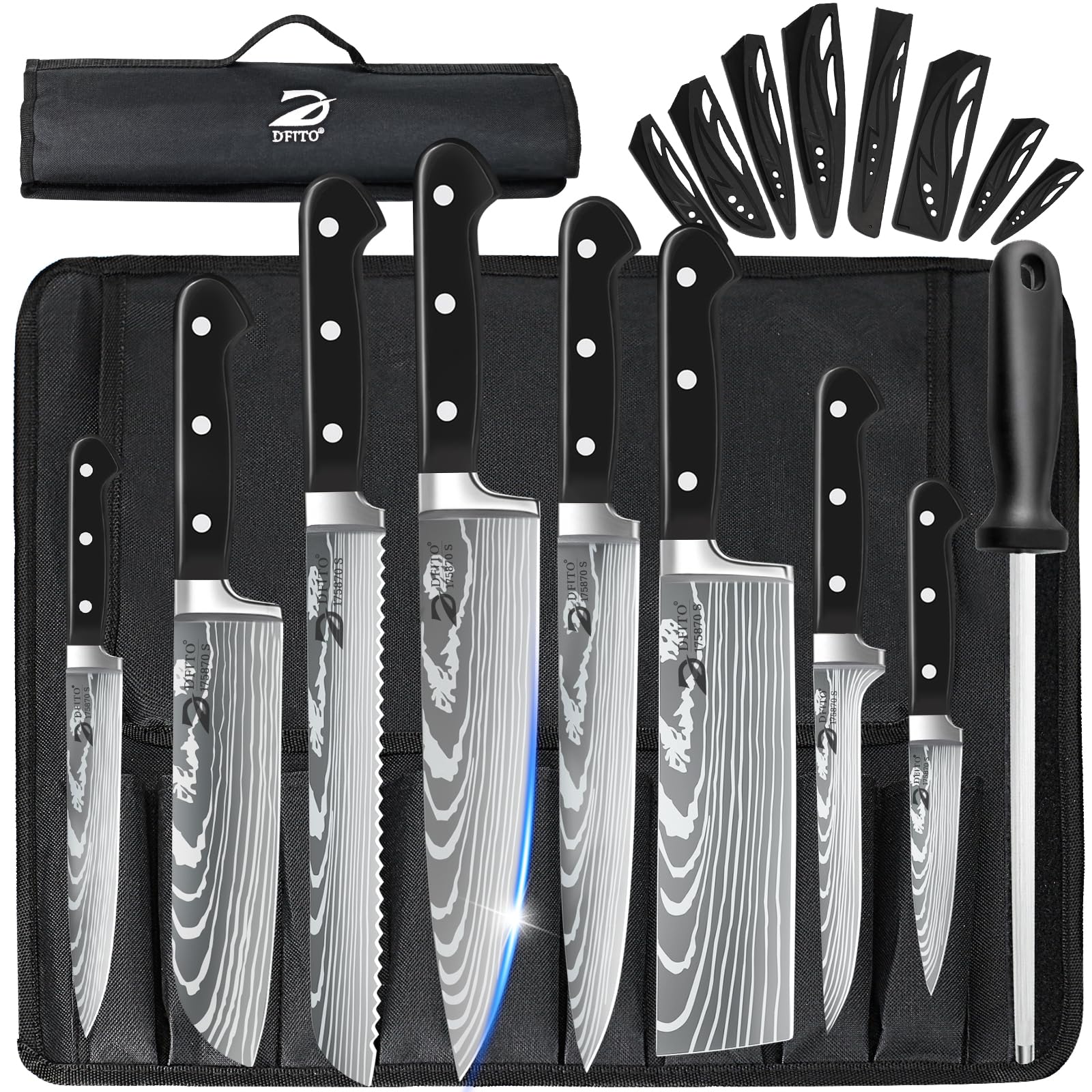 Dfito Chef Knife Sets with Roll Bag, 9 Pieces Professional Knife Set, High Carbon Stainless Steel Kitchen Chef Knife Set, ABS Handle, Dishwasher Safe