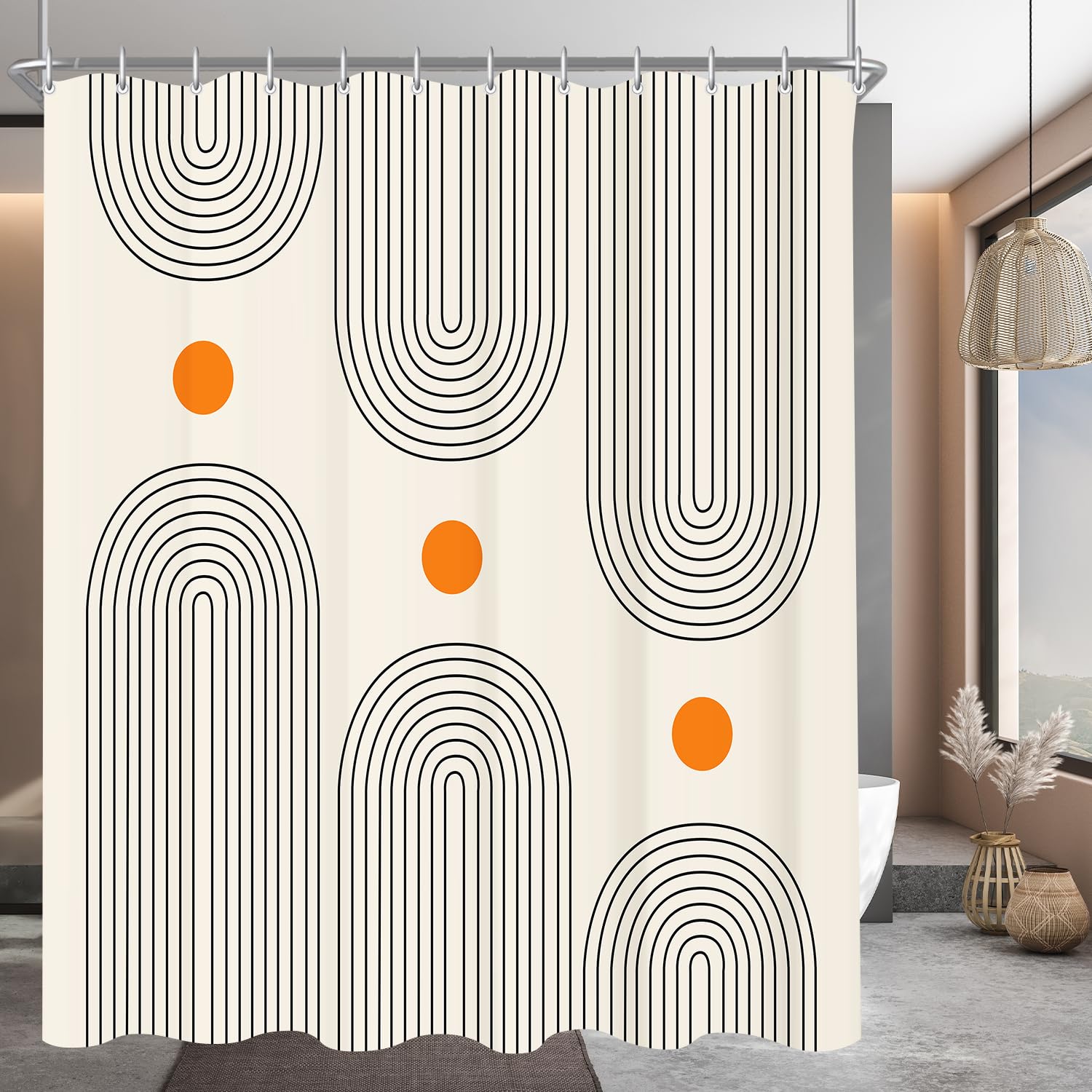 Lerores Shower Curtain 200 x 200 cm Geometric Curve, Weighted Hem, Anti-Mould Textile, Water-Repellent, Washable Polyester Fabric Bath Curtains for