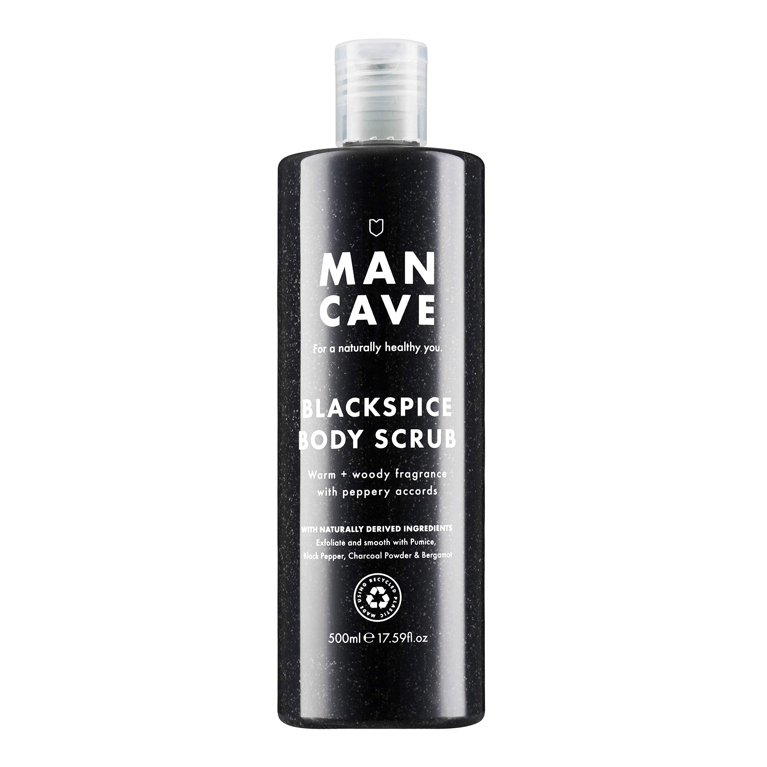 ManCave Blackspice Body Scrub 500ml for Men, Warm & Woody Aroma, Exfoliate & Cleanse Skin with Pumice and Charcoal Powder Scrub, Natural Formulation,