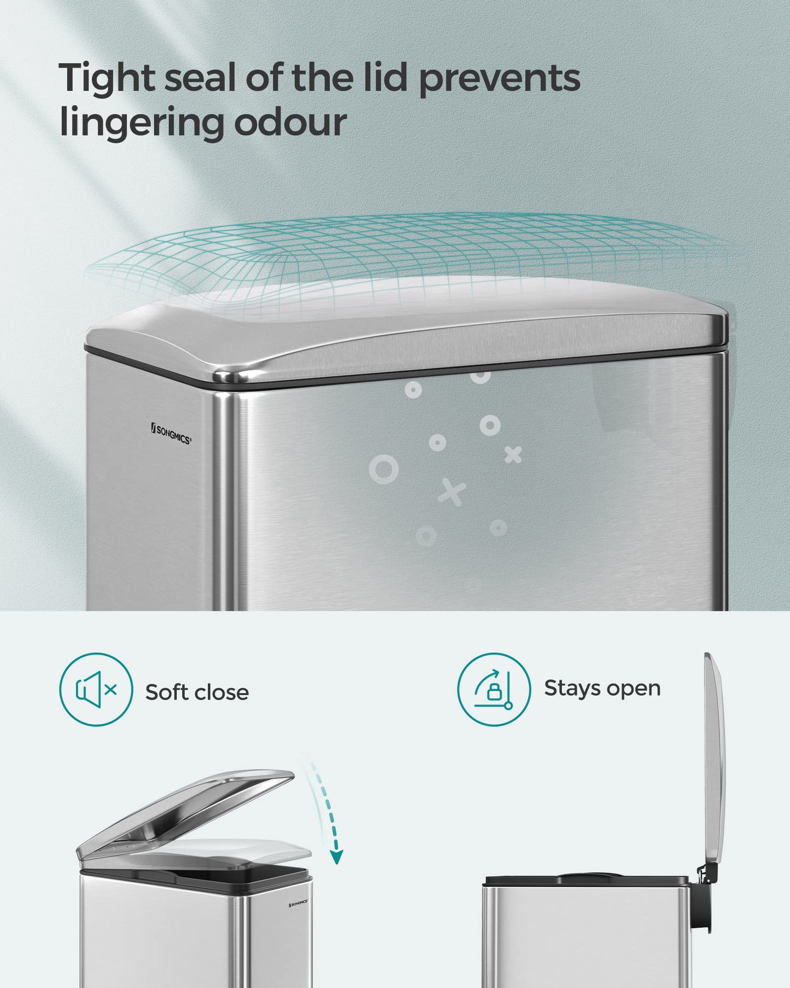 SONGMICS Kitchen Bin 48L, Slim Pedal Bin for Narrow Spaces, Rubbish and Waste Bin with Soft-Close Lid and Inner Bucket, Stainless Steel, 15 Rubbish