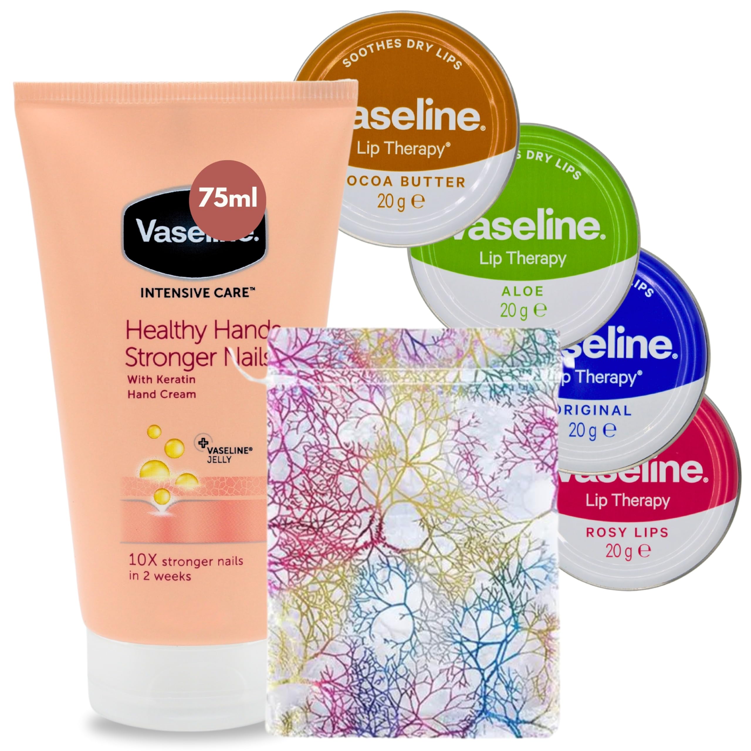 Lip Balm Bundle with Lip Therapy 4 x 20g (Original, Rosy Lips, Cocoa Butter, Aloe) Lip Balm Set and 1 x Hand Cream 75g with Glameno Drawstring Organza