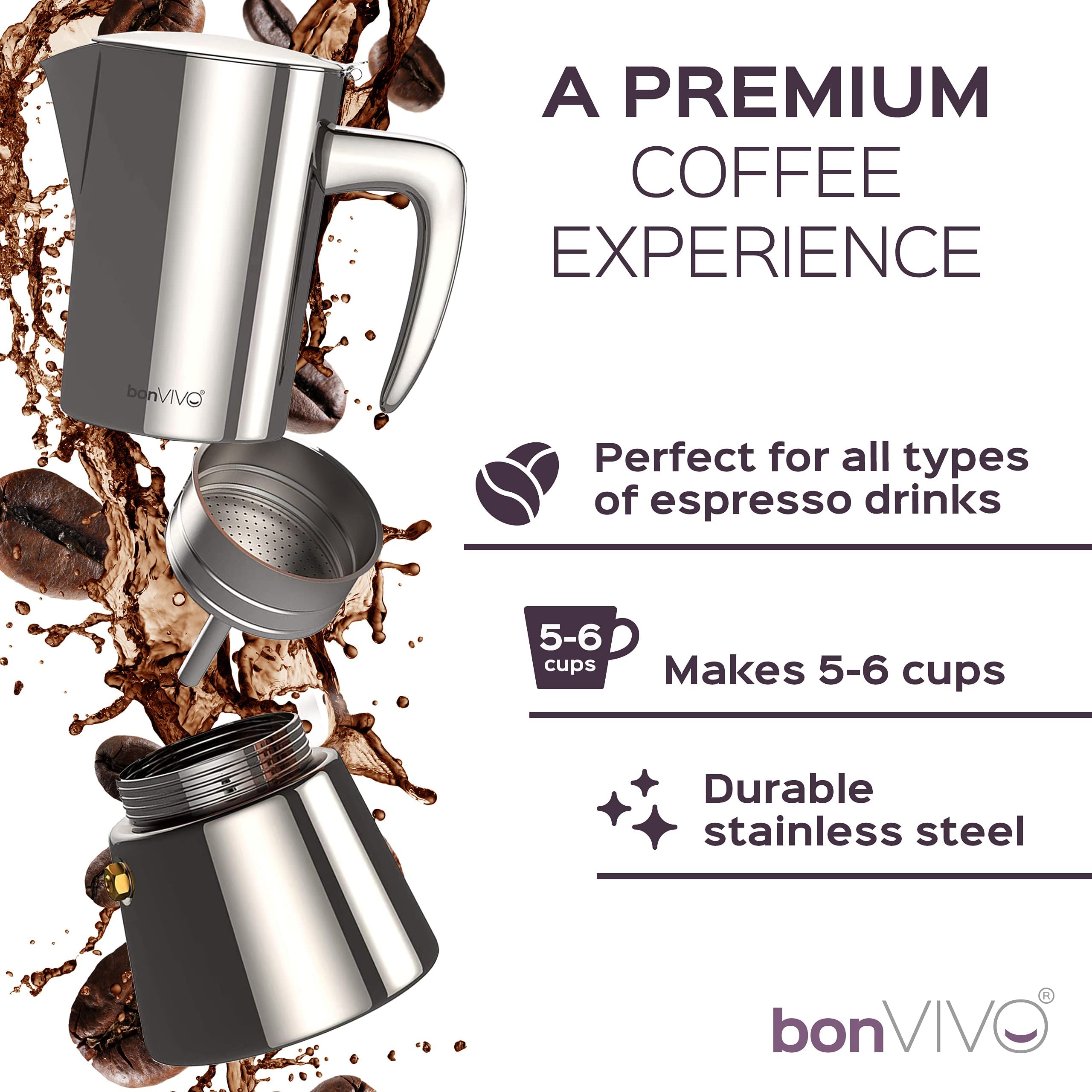 bonVIVO Moka Pot - 6 Cup Intenca Stainless Steel Espresso Maker w/Copper Finish - Stove Top Italian Coffee Maker - 300ml Coffee Pot - Gifts for Men