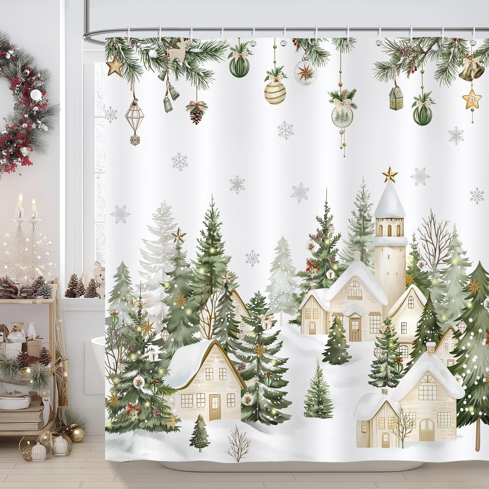COZZSNUGE Farmhouse Christmas Shower Curtain, Snowy Xmas Village Cabin Pine Tree Winter Bathroom Curtain 180 x 180 cm, Water Repellent Mildew