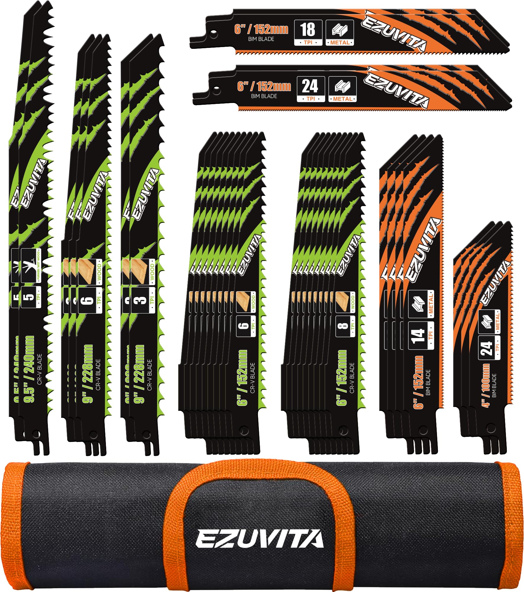 EZUVITA 36-Piece Reciprocating Saw Blade Set with Organizer Pouch - Metal&Wood Cutting, Pruning Saw Blades