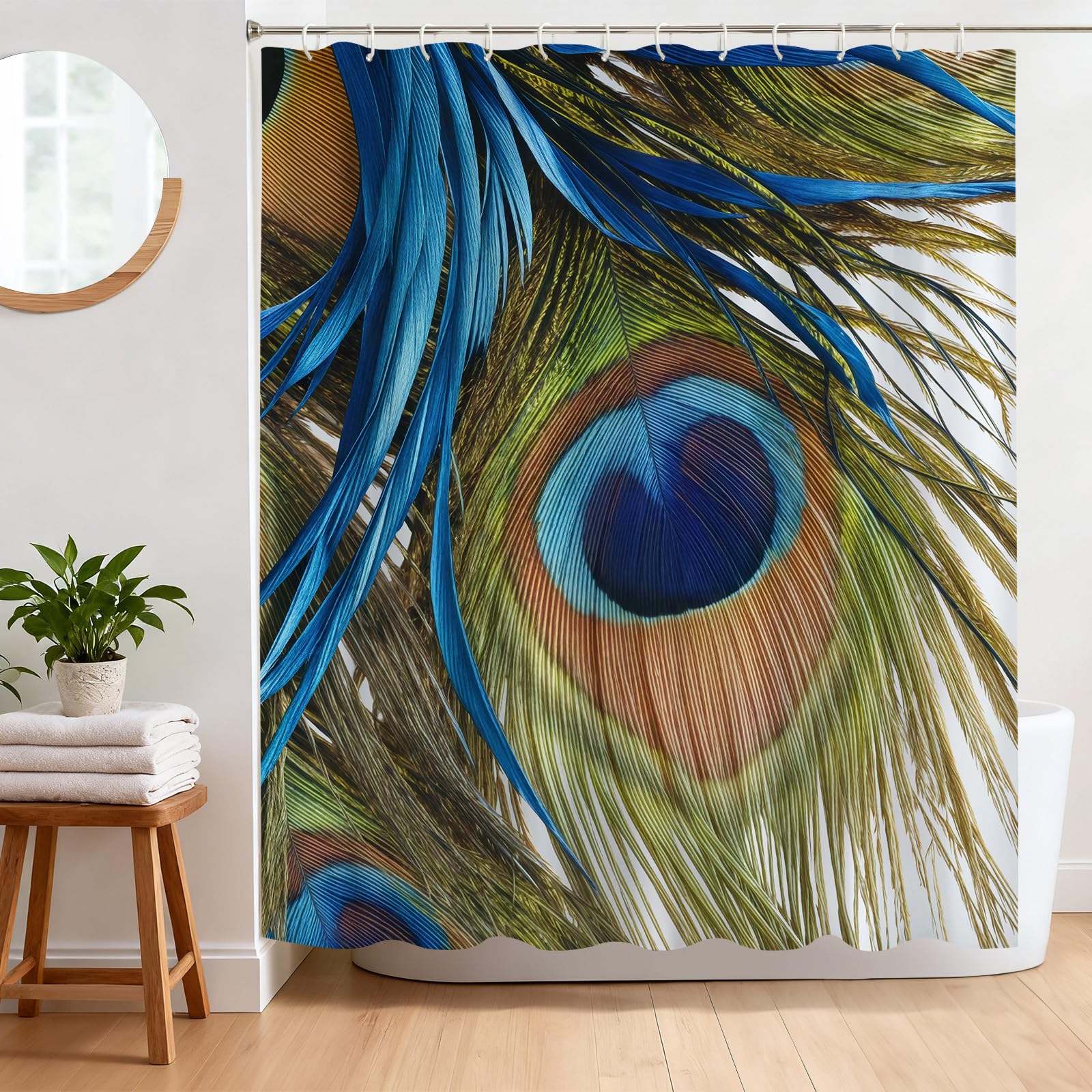 BREASOME Peacock Feather Shower Curtain 180 x 180 cm for Bathroom Decor Mould Proof Waterproof Polyester Fabric Bath Curtain with 12 Hooks