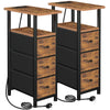 LOAKEKEL Slim Bedside Table Set of 2 with Charging Station, Narrow Side Table with 3 Fabric Drawers, End Table with Open Storage Shelf, Nightstand for