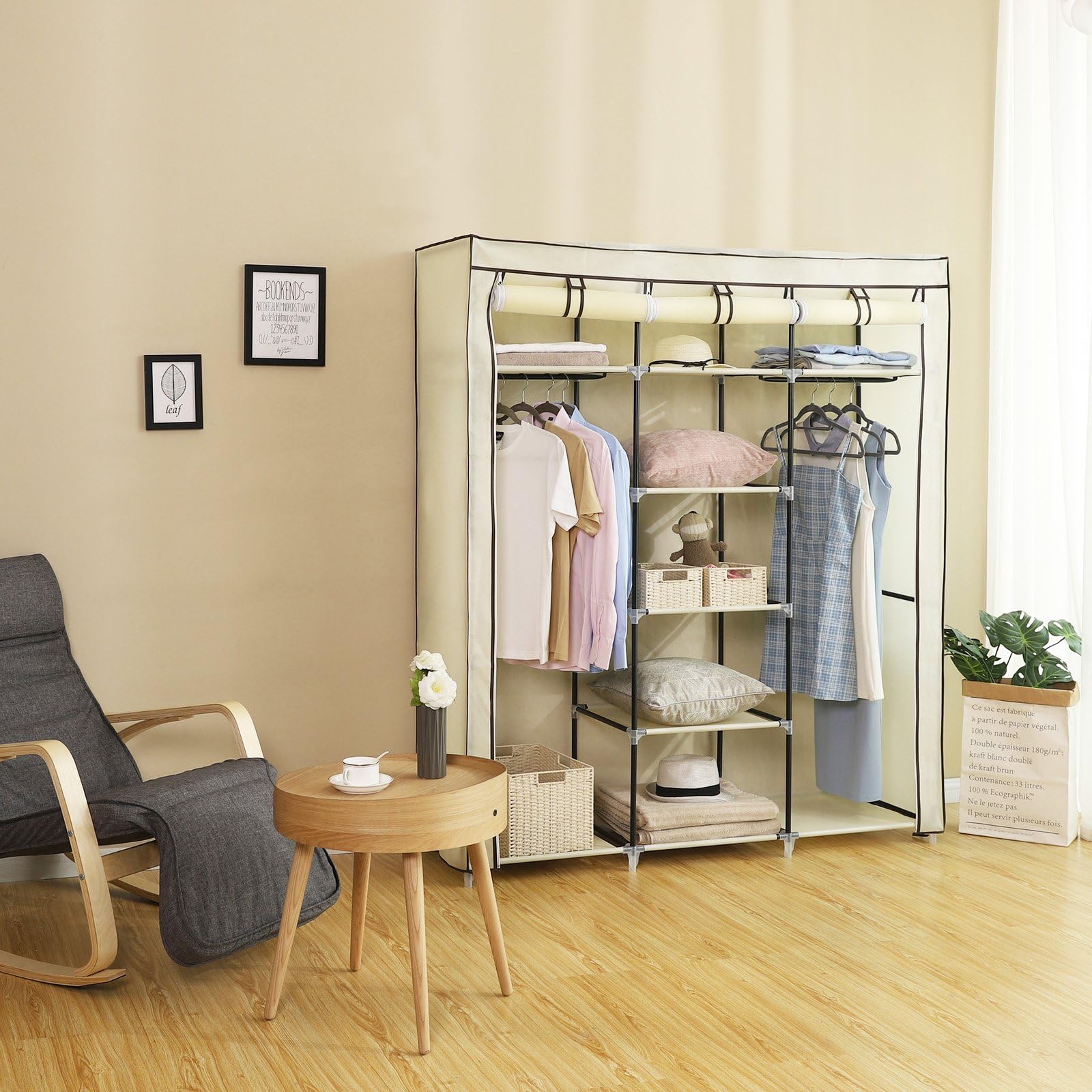 Songmics Folding Wardrobe, Fabric Closet, Foldable Wardrobe with 2 Clothes Rails, 175 x 150 x 45 cm, Beige RYG12M