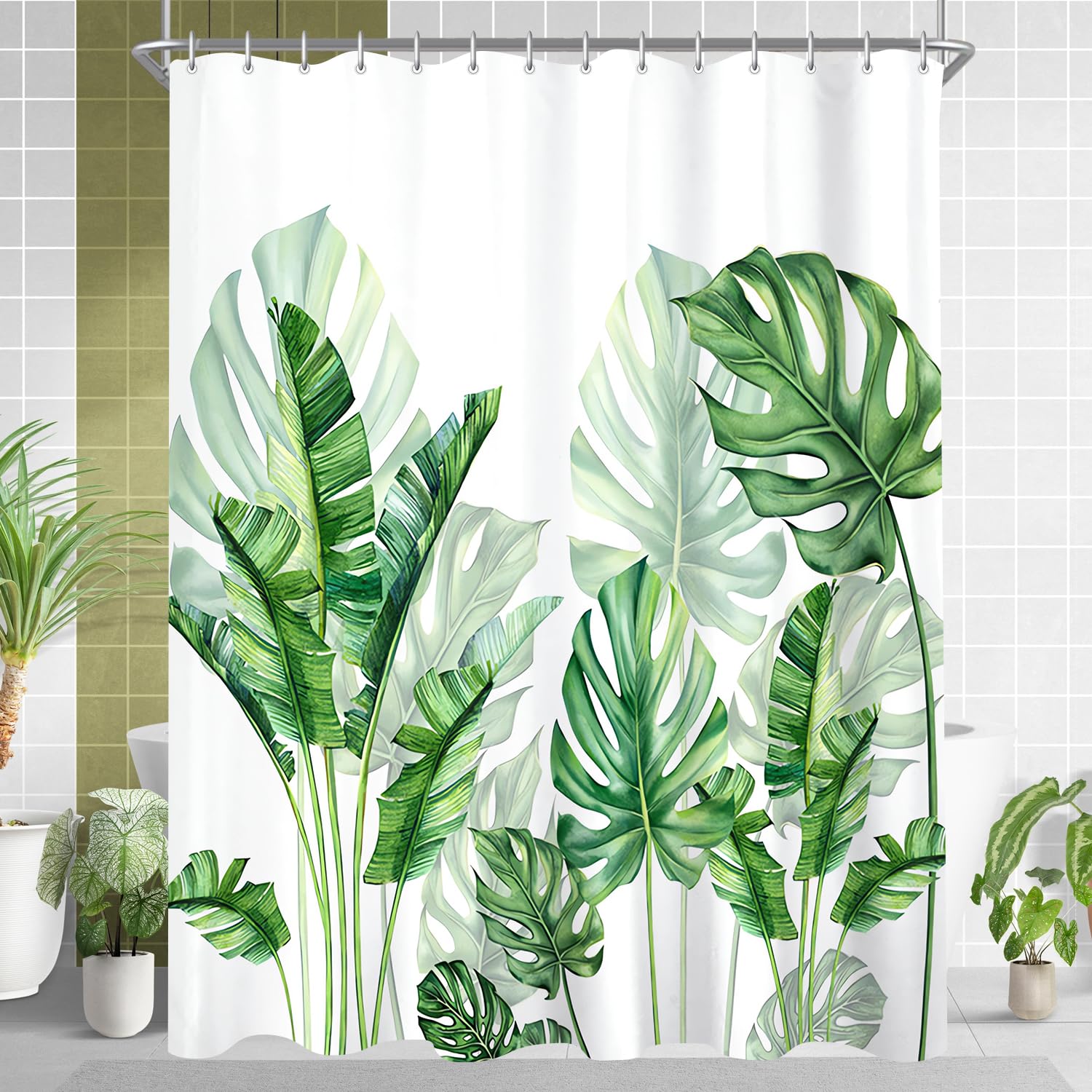 Lerores Shower Curtain 180 x 180 cm, Green Leaves Weighted Hem, Anti-Mould Textile, Water-Repellent, Washable Polyester Fabric Bath Curtains with
