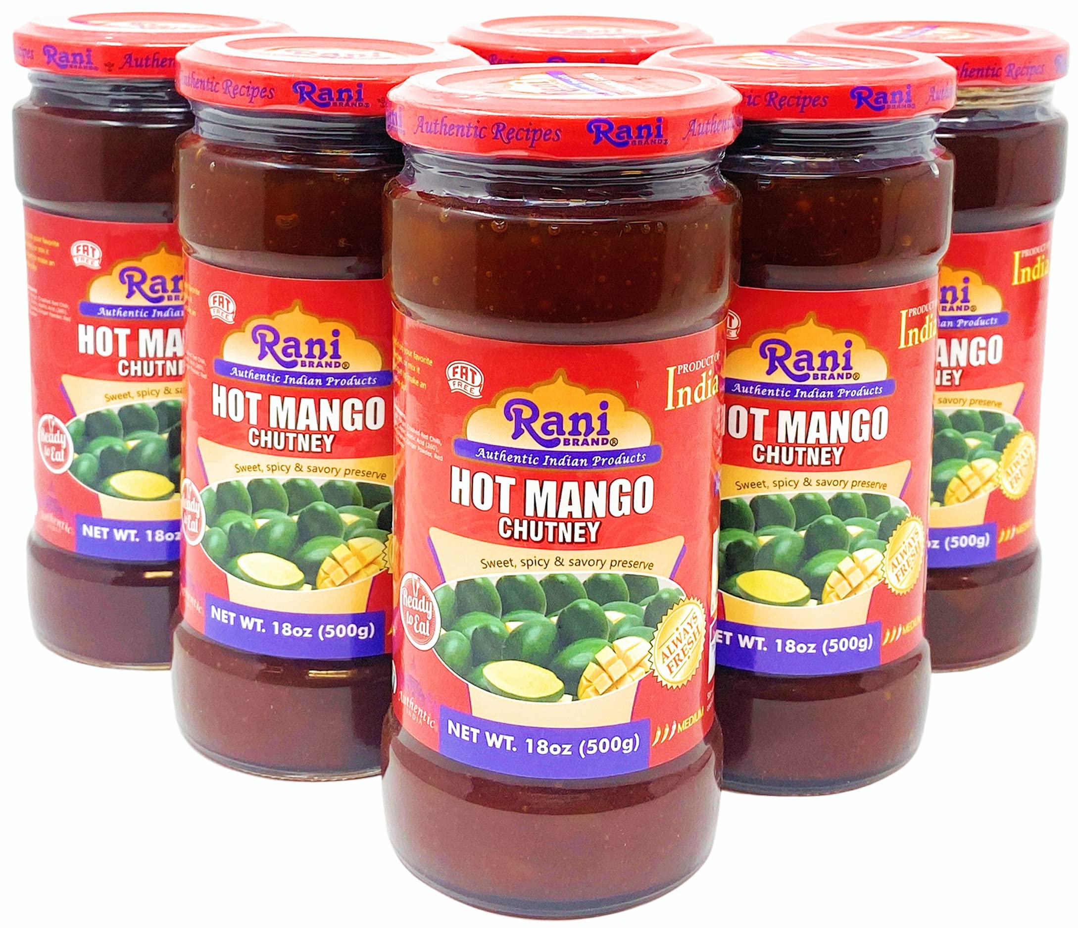 Rani Hot Mango Chutney (Spicy Indian Preserve) 18oz (1.1lbs) 500g Glass Jar, Ready to eat, Vegan, Pack of 5+1 Free ~ Gluten Free, All Natural, Non-GMO