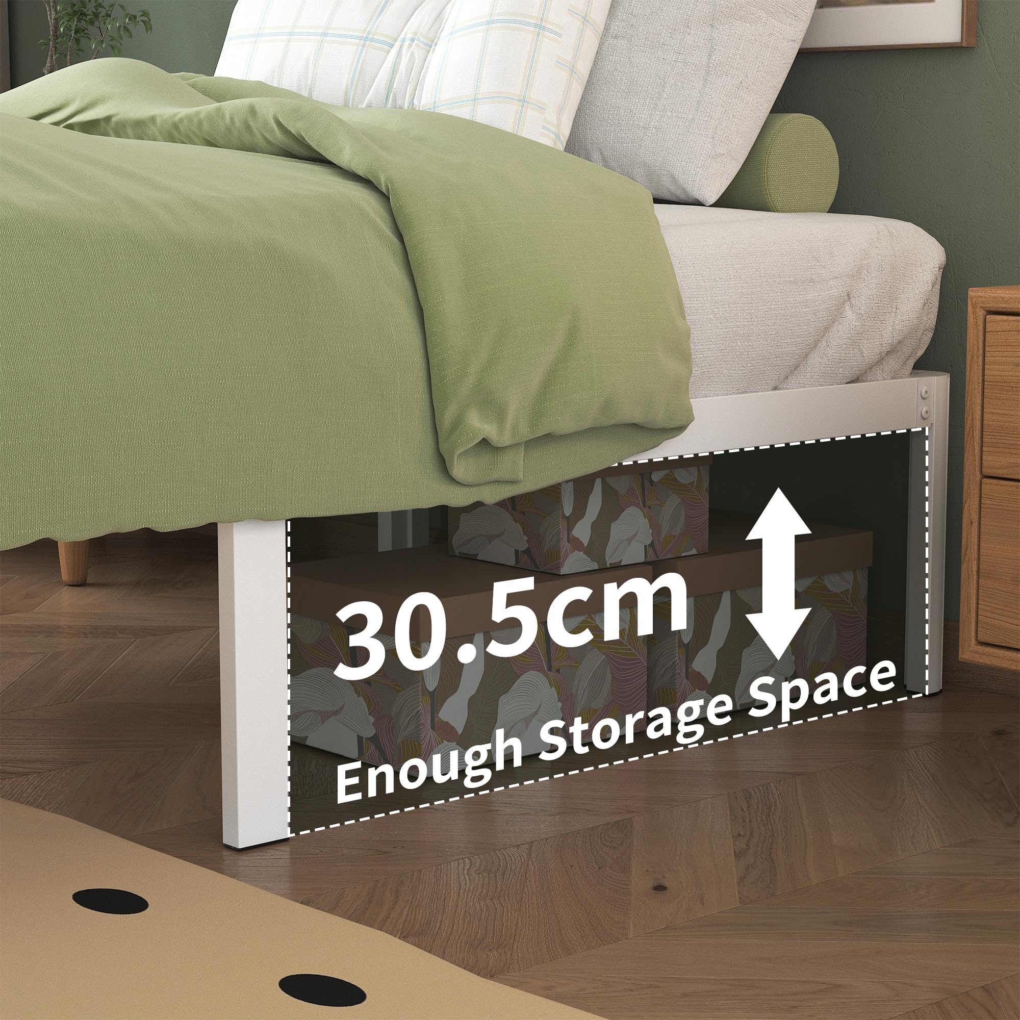 Lutown Teen 3ft Single Bed Frame with Rounded Corner Legs, Heavy Duty White Metal Bed Frame with Steel Slats Support, 36 cm High, Noise Free, Easy