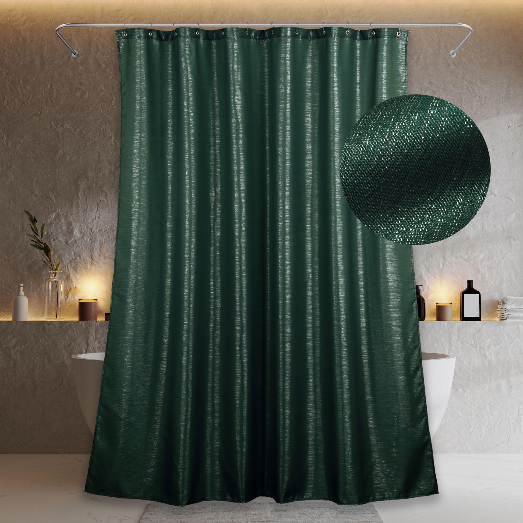 Popkozzi Dark Green Glitter Shower Curtain: Emerald Sparkle Bling Shiny Metallic Shimmer Curtain for Bathroom - Anti Mould Water Repellent Washable