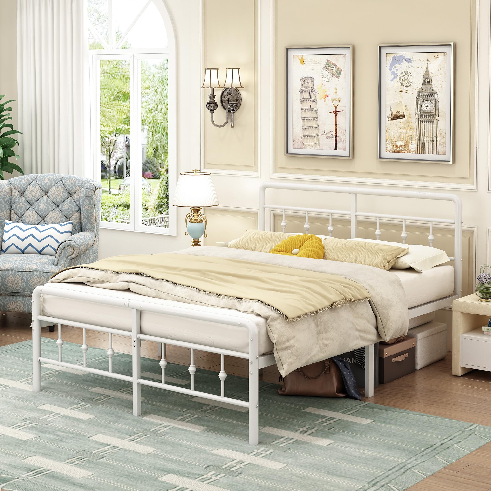 EMODA Metal Bed Frame 120 x 200 cm with Headboard and Footboard, 3ft Heavy Duty White Bed Frame 46 cm High with Steel Slat Support, Easy Assembly,