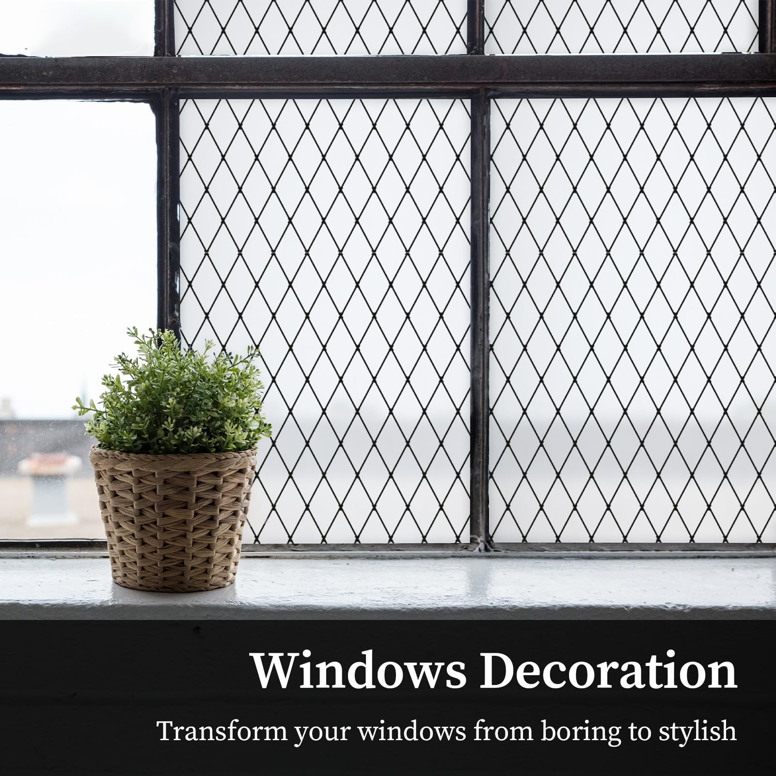FEOMOS Black Lattice Window Film Static Window Clings Frosted Window Films Privacy Glass Door Sticker Decorative Window Cover Removal Anti-UV 90x400cm