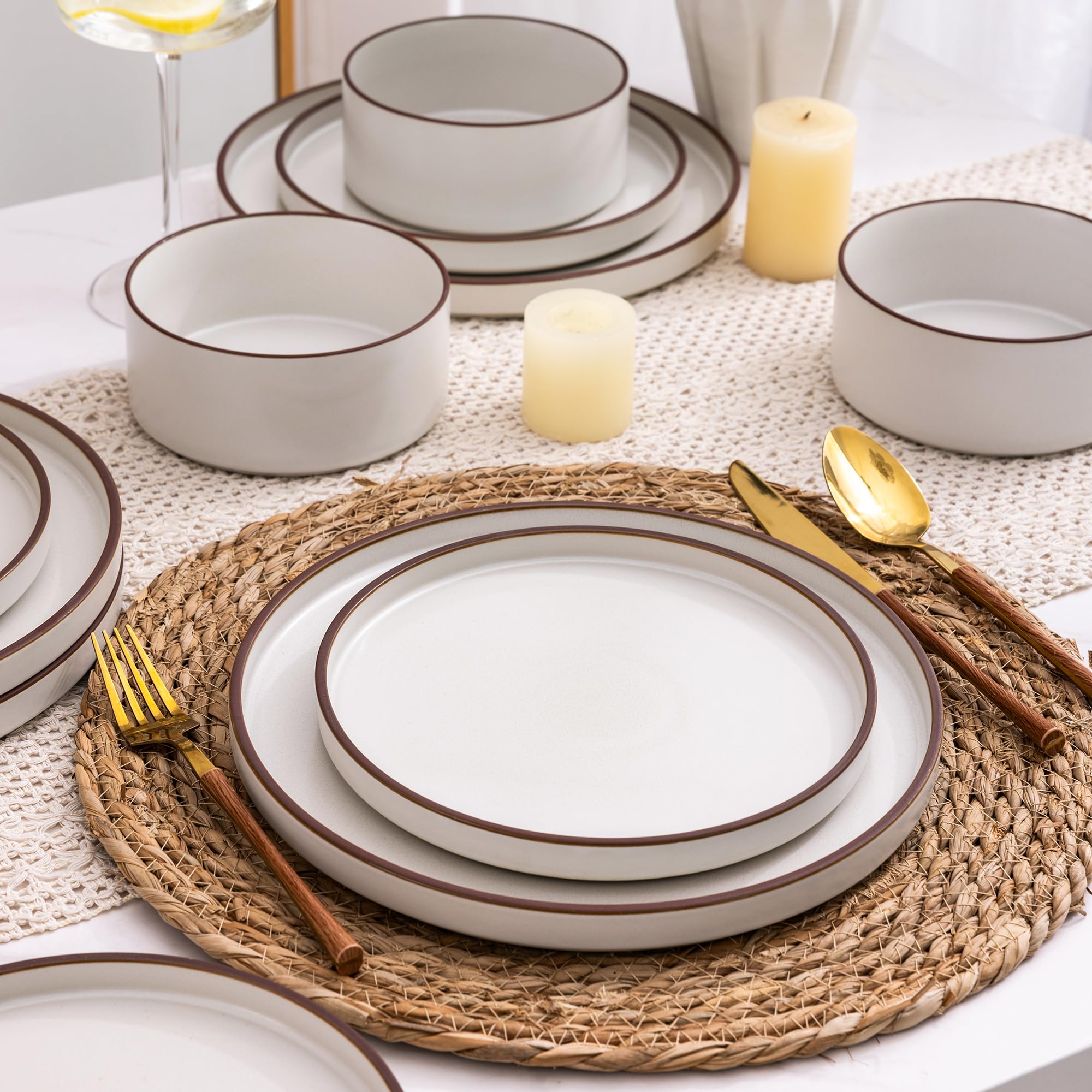 LeRatio Dinner Set for 4, 12 Piece Stoneware Plates and Bowls Set, Chip and Scratch Resistant Dinnerware Set, Oven & Dishwasher & Microwave Safe