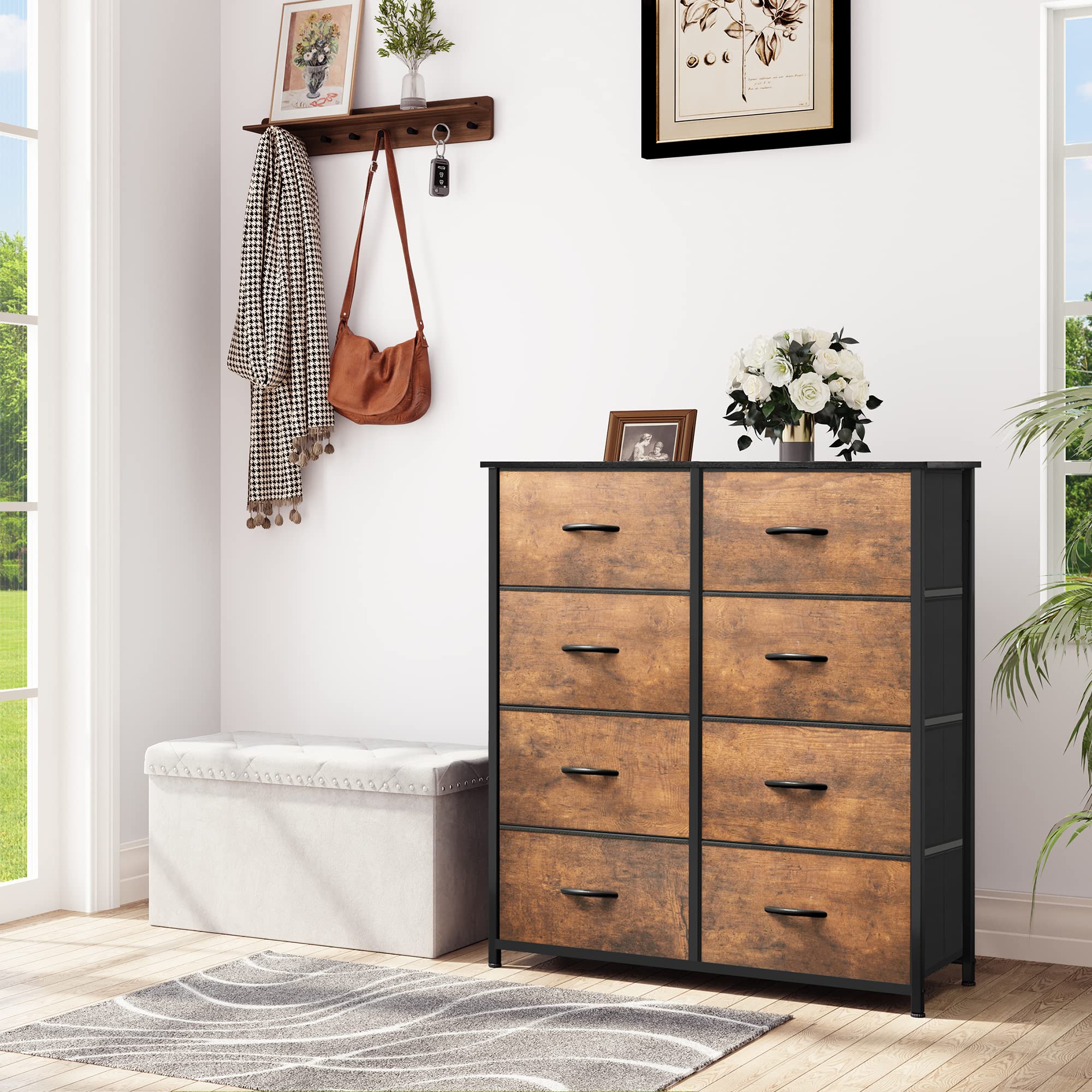 YITAHOME Chest of Drawer with 8 Drawers for Bedroom Fabric Dresser Storage Drawers With Handles Metal Frame for Living Room, Hallway,Rustic Brown