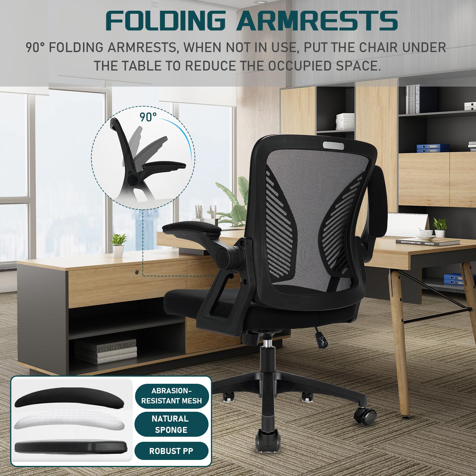 Durrafy Office Chair Ergonomic Desk with 90 Flip-up Armrest Lumbar Support, Height Adjustable Chair, Executive Swivel Computer Padded Seat Cushion