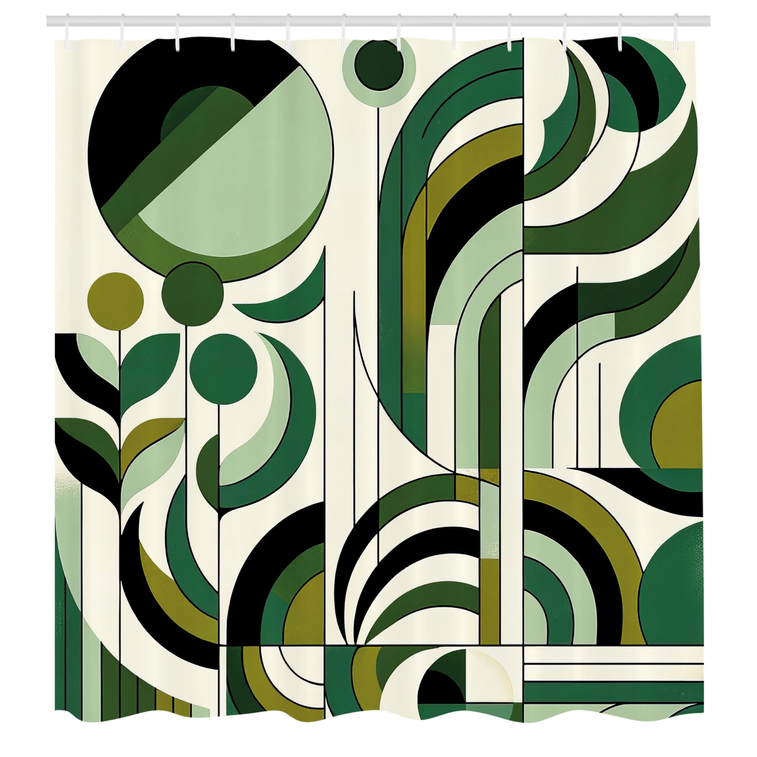 ABAKUHAUS Mid Century Modern Shower Curtain, Leafy Abstract, Cloth Fabric Bathroom Decor Set with Hooks, 175 x 200 cm, Pale Green Dark Gray