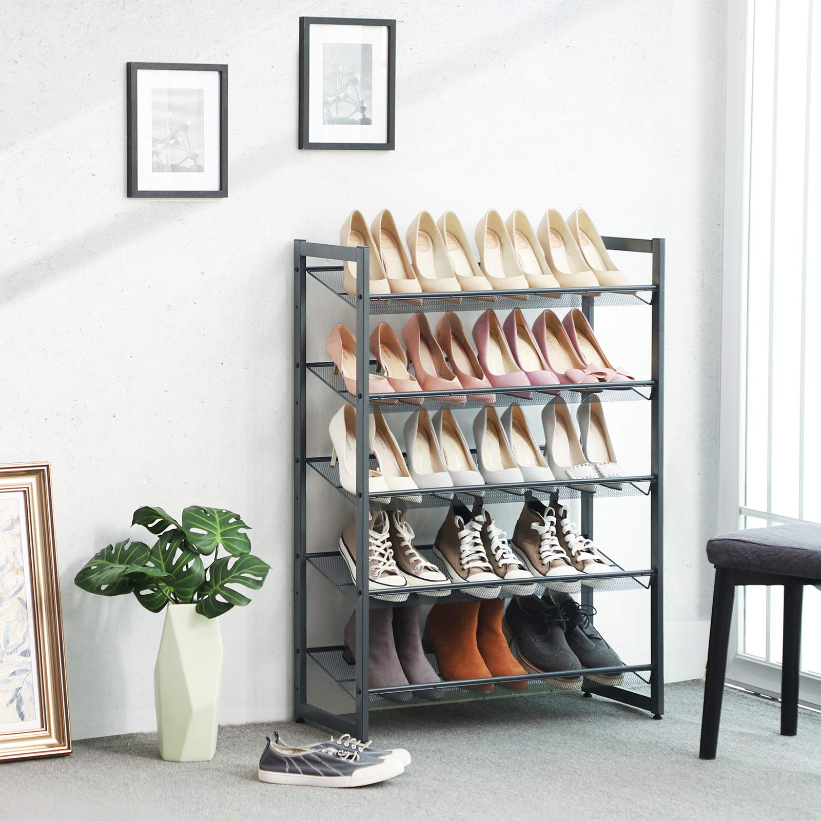 SONGMICS Shoe Rack, 5-Tier Stackable Shoe Storage Shelf, Metal Shoe Organiser with Adjustable Flat or Angled Shelves, 30.5 x 74 x 103.8 cm, Holds