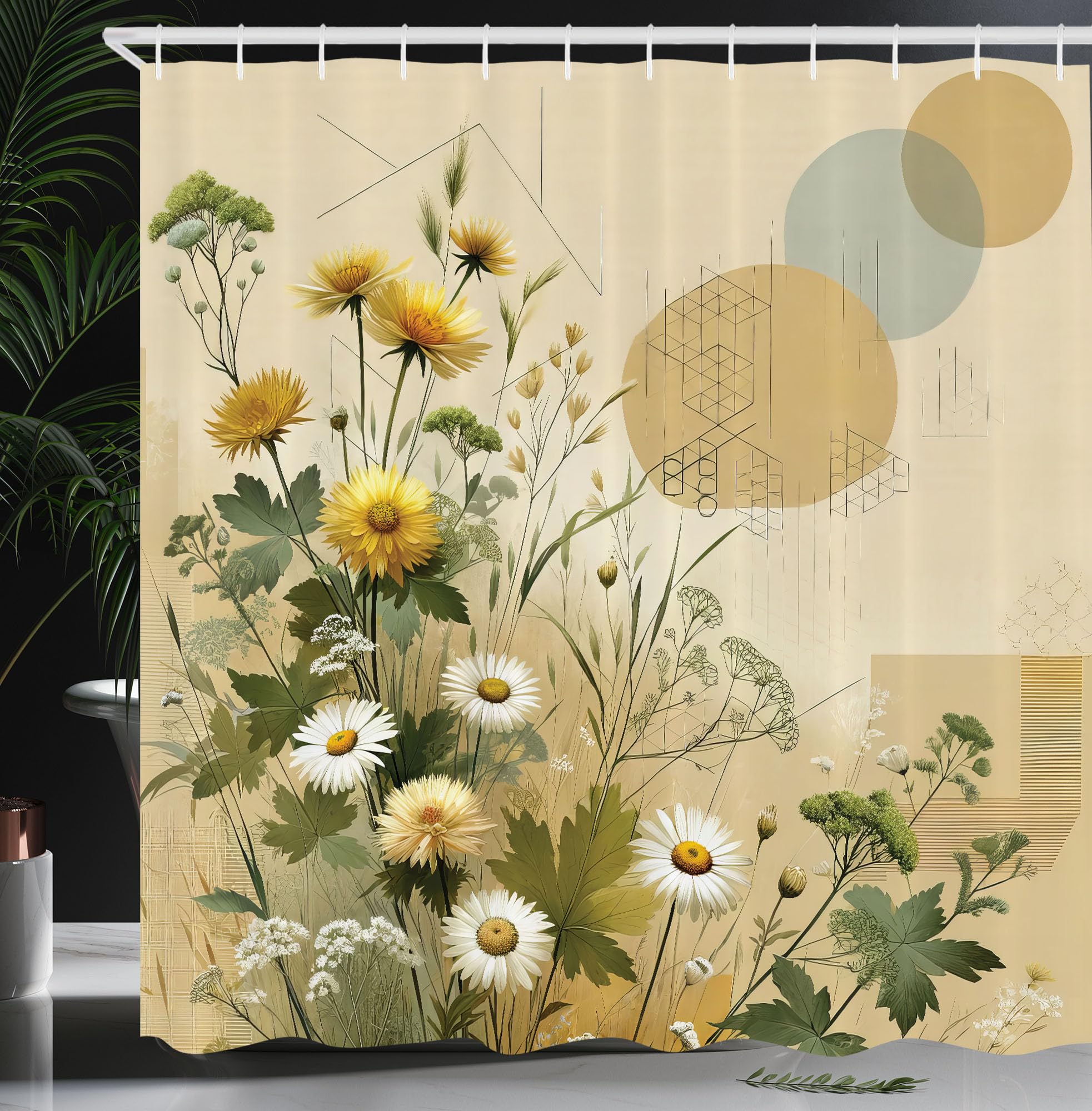 ABAKUHAUS Floral Eucalyptus Shower Curtain, Pastel Abloom, Cloth Fabric Bathroom Decor Set with Hooks, 175 x 200 cm, Ivory Sage Green Mustard