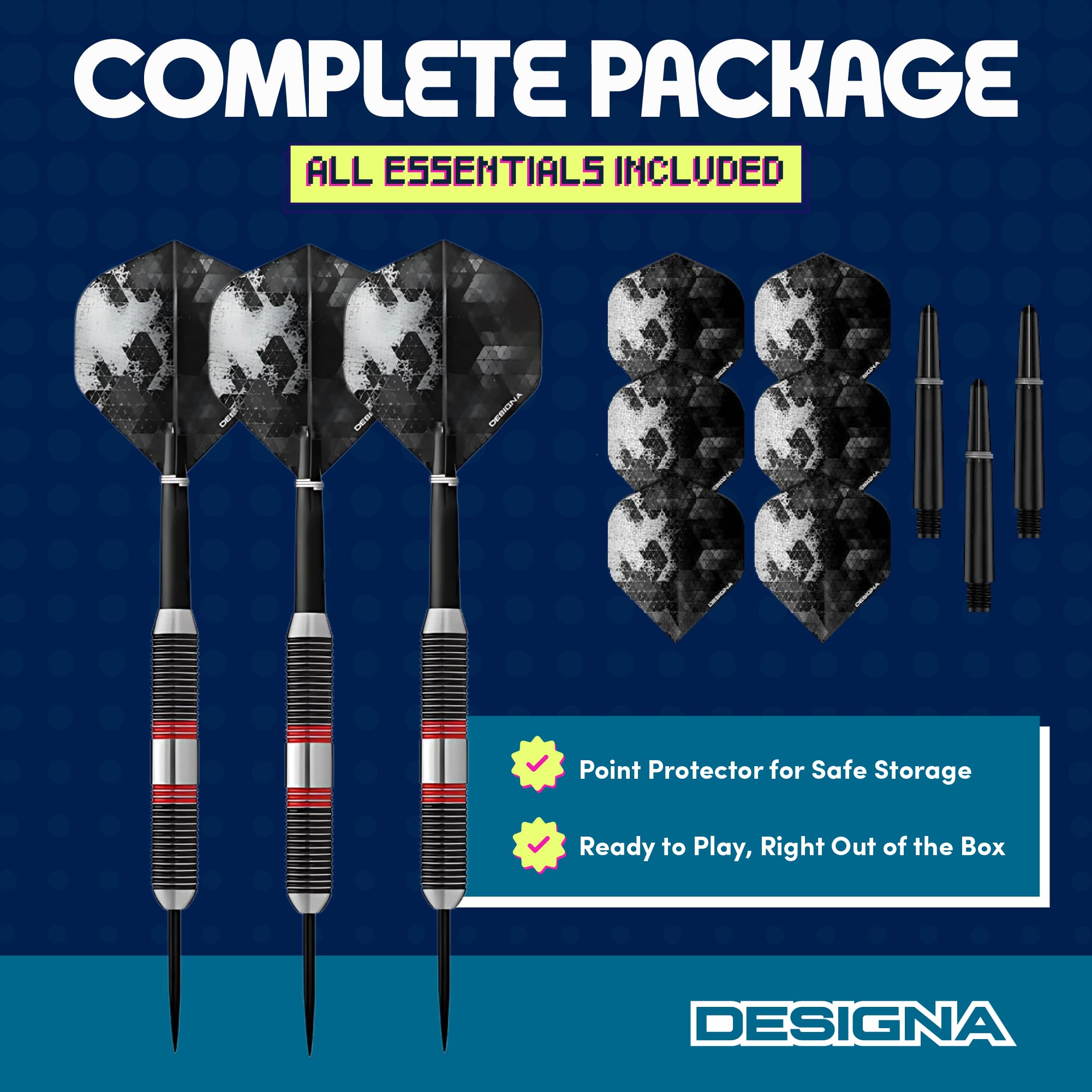 Designa D8650 Meteors | 44g Premium 90% Tungsten Heavy Barrel Steel Tip Dart Set With Ringed Grip Including Flights and Stems, M3, Black and Red