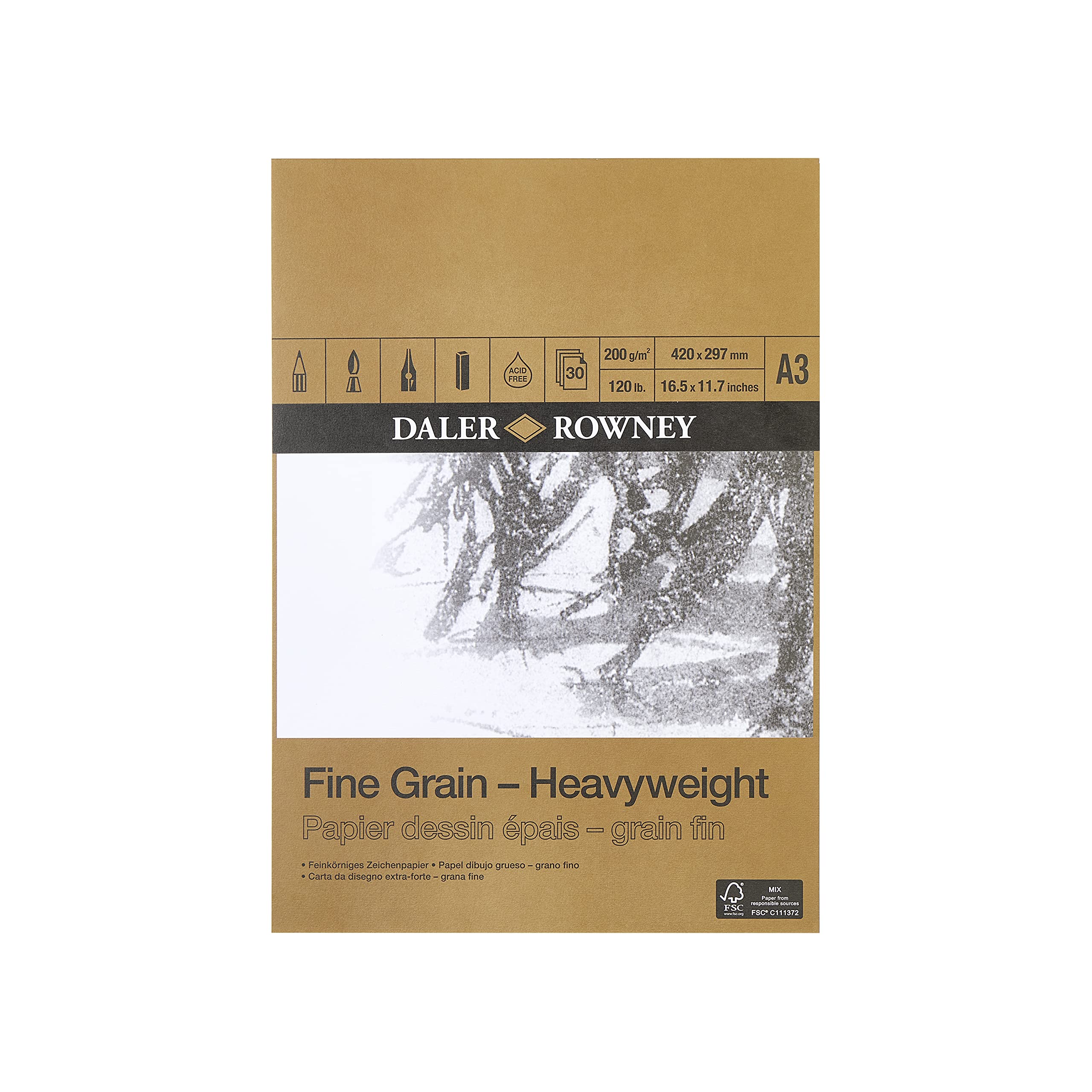 Daler-Rowney Fine Grain Lightly Textured Heavyweight 200gsm A3 Drawing Paper Pad, Glued 1 Side, Acid-free, 30 White Sheets, Ideal for Professional