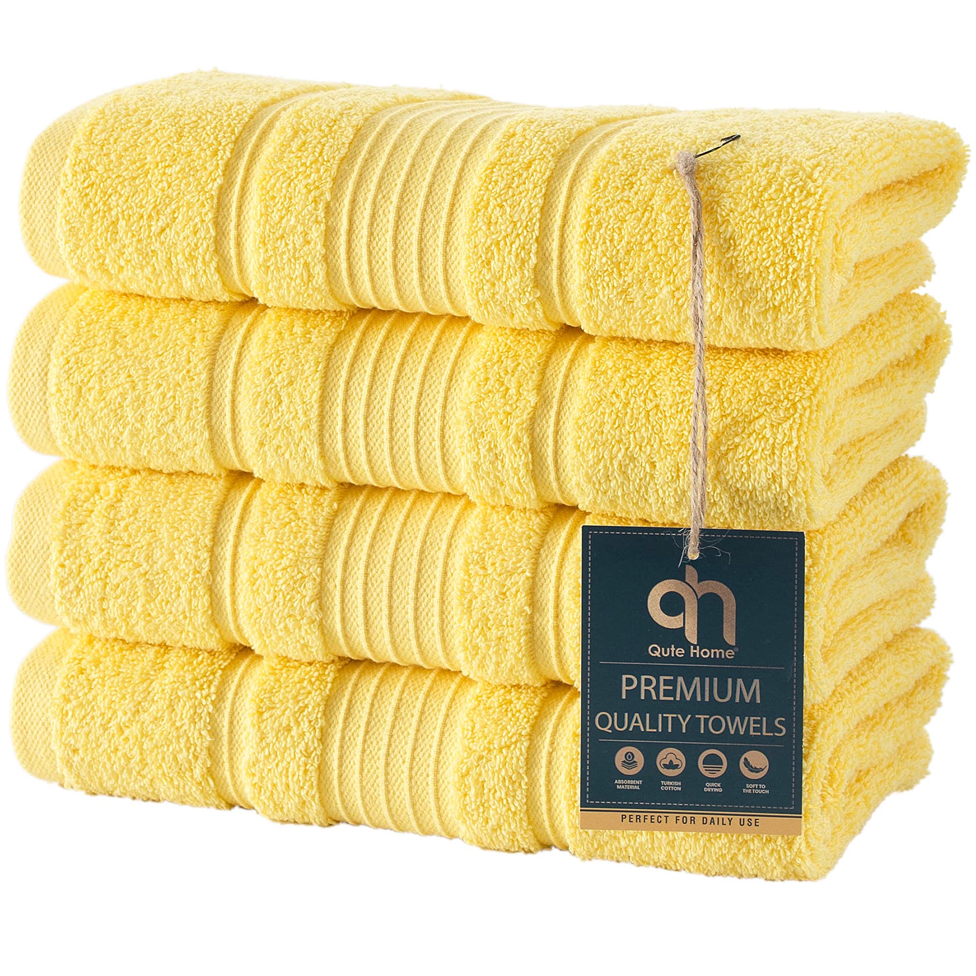 Qute Home 4 PACK Hand Towels Set | Premium Quality Luxury Turkish Cotton Absorbent AND Super Soft - YELLOW